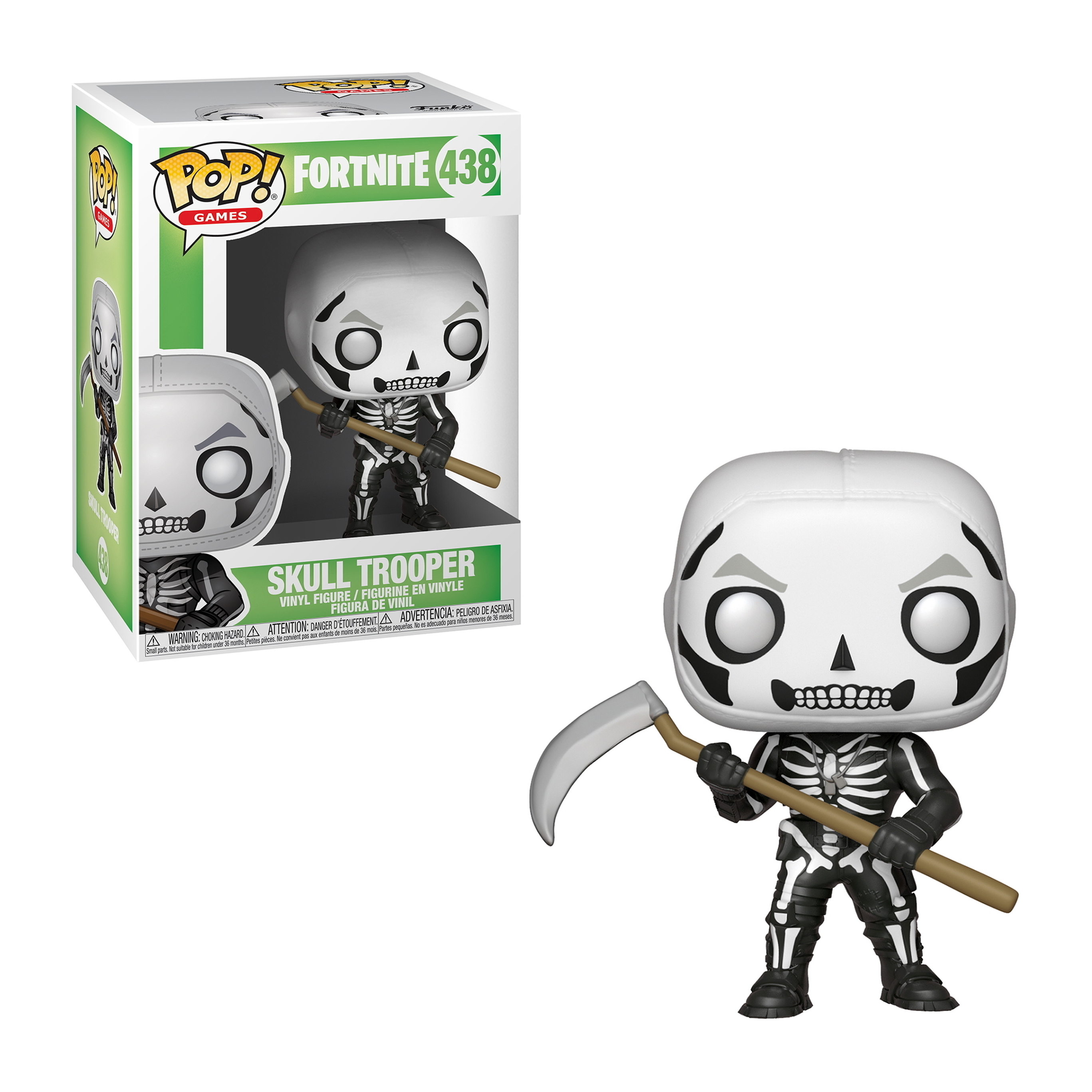 Figura Funko Pop Skull Trooper. Uno scheletro in armatura con una falce. Fortnite.