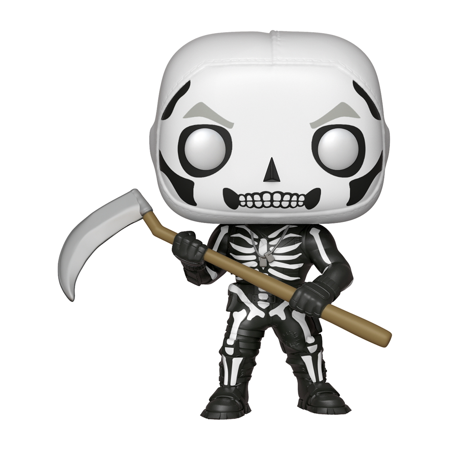 Funko Pop di un personaggio di Fortnite, uno scheletro con una falce. Elmetto teschio bianco.