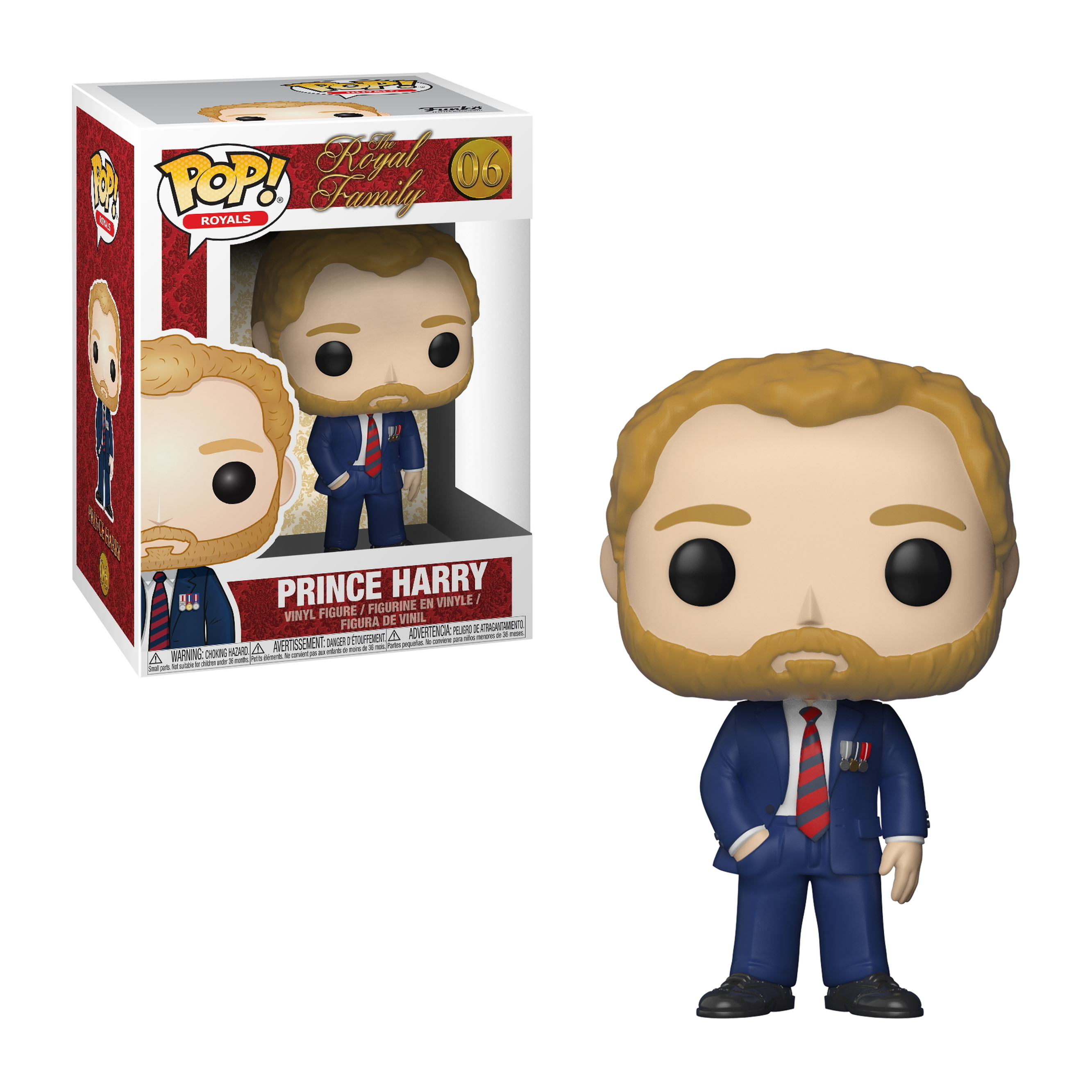 Funko Pop di Prince Harry in abito blu con cravatta rossa. Scatola sullo sfondo.