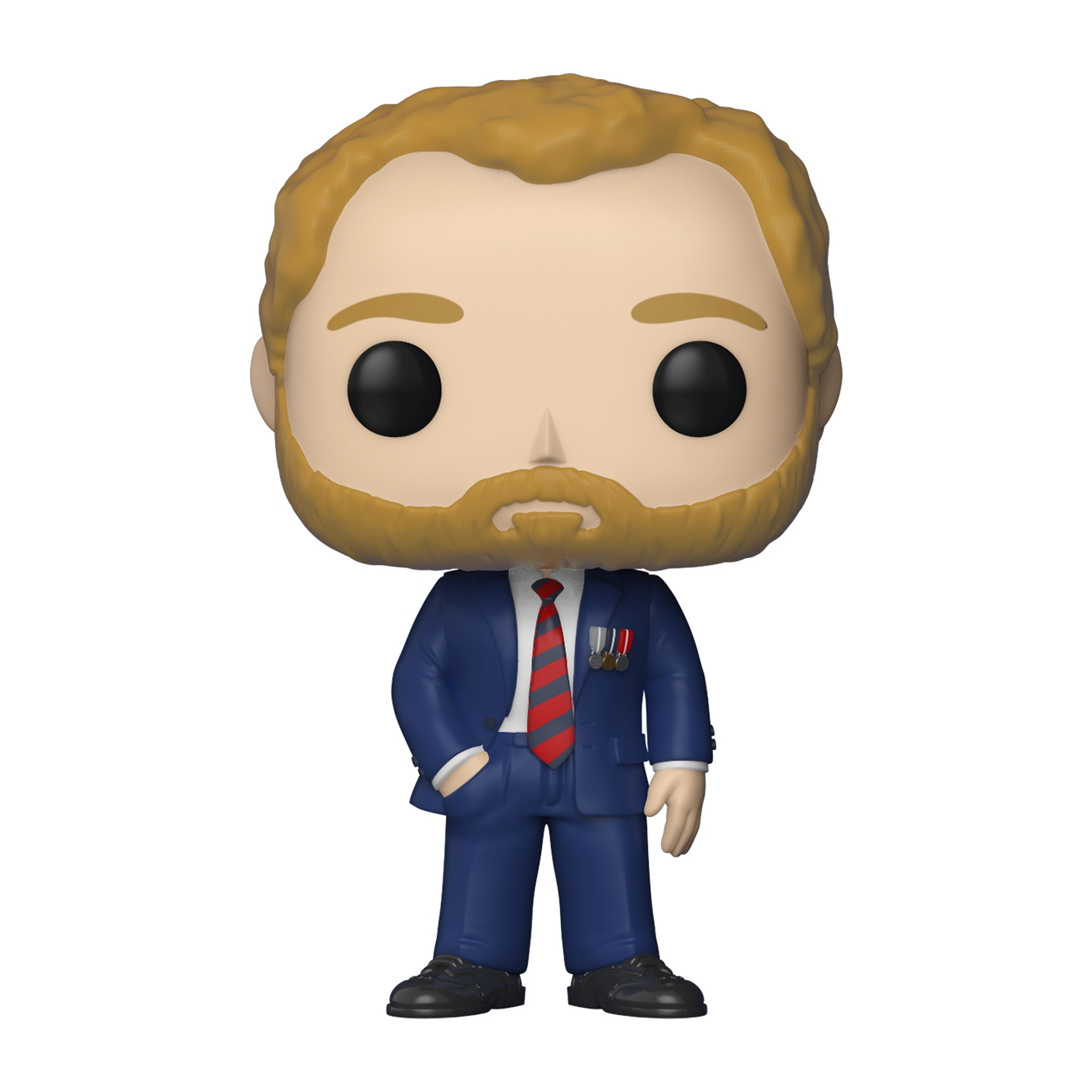 Funko Pop di Prince Harry in abito blu con cravatta rossa.