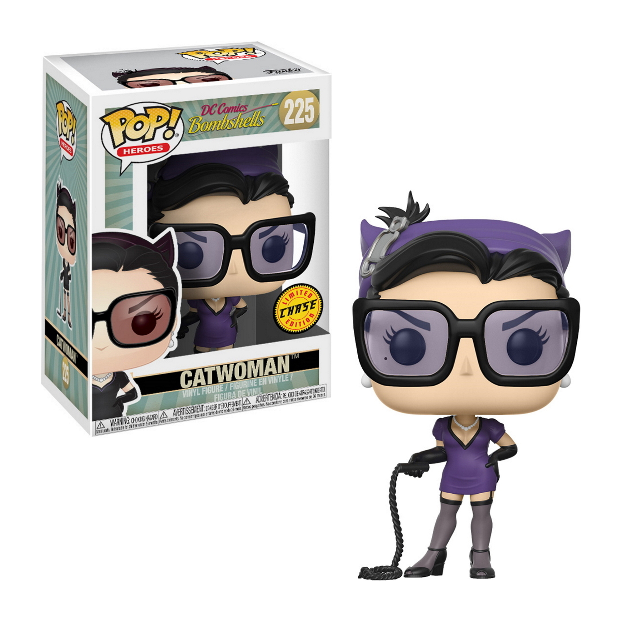 Figurka Funko Pop Kobiety-Kota, fioletowy strój, okulary, bat. Pudełko po lewej.
