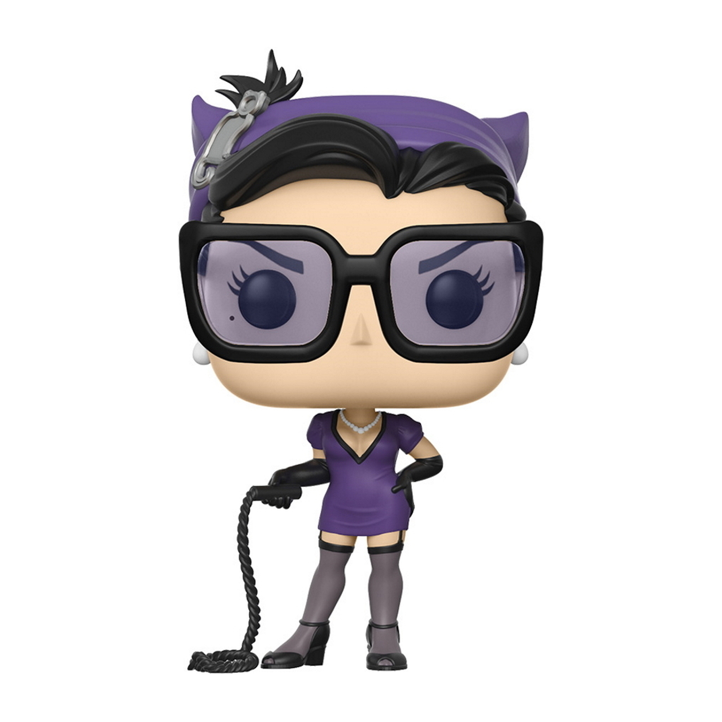Figurka Funko Pop Kobiety-Kota, w fioletowym stroju i okularach, trzymająca bat.