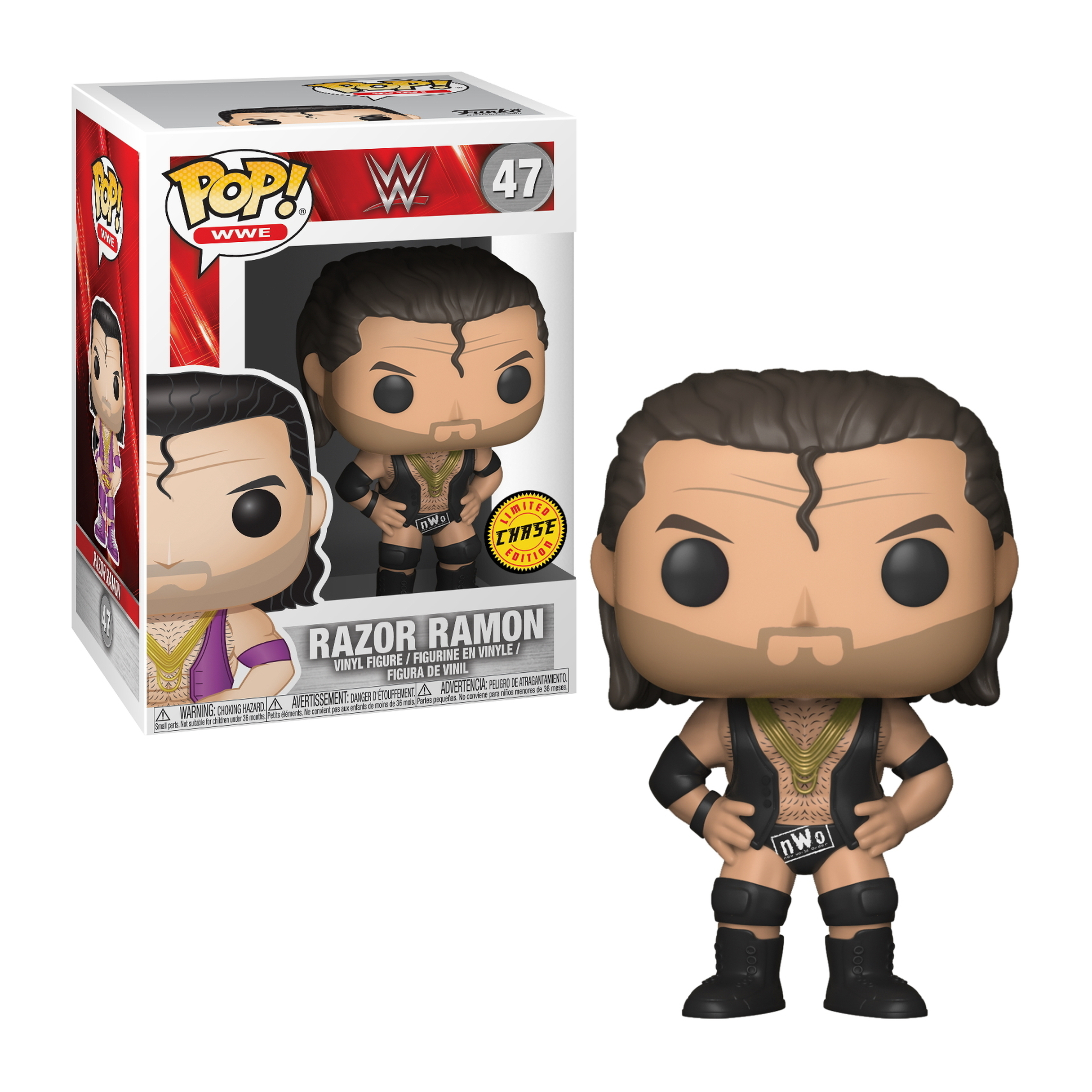 Razor Ramon Funko Pop Figur in schwarzer Kleidung mit goldener Weste und Box.