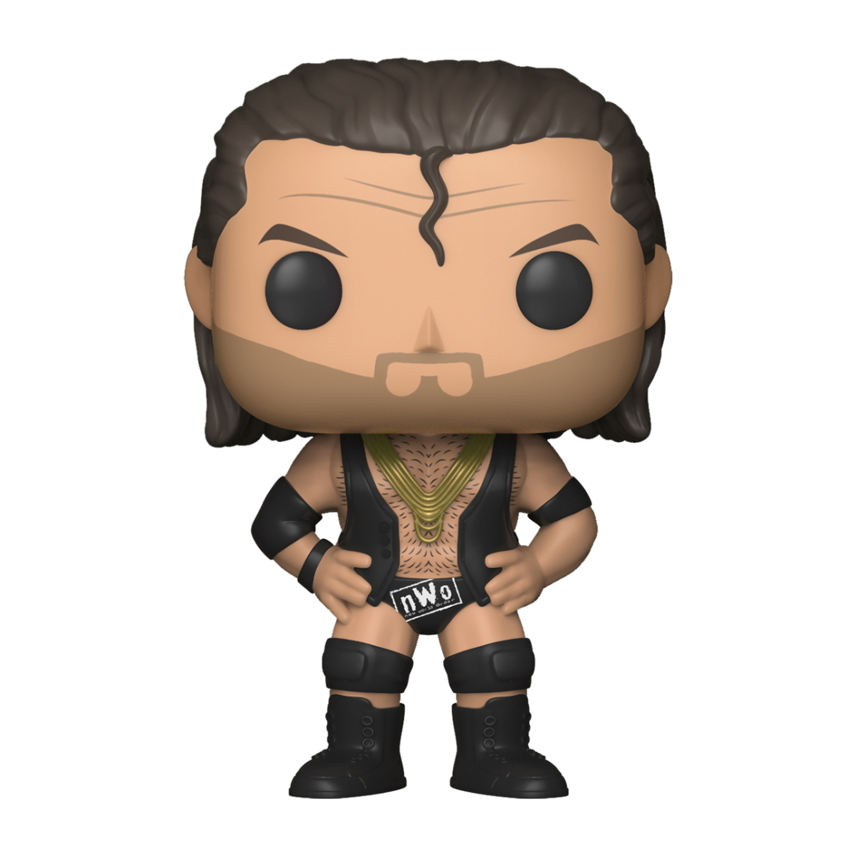 Funko Pop eines Wrestlers. Schwarze Weste, goldene Kette, schwarze Shorts. NWO Logo.