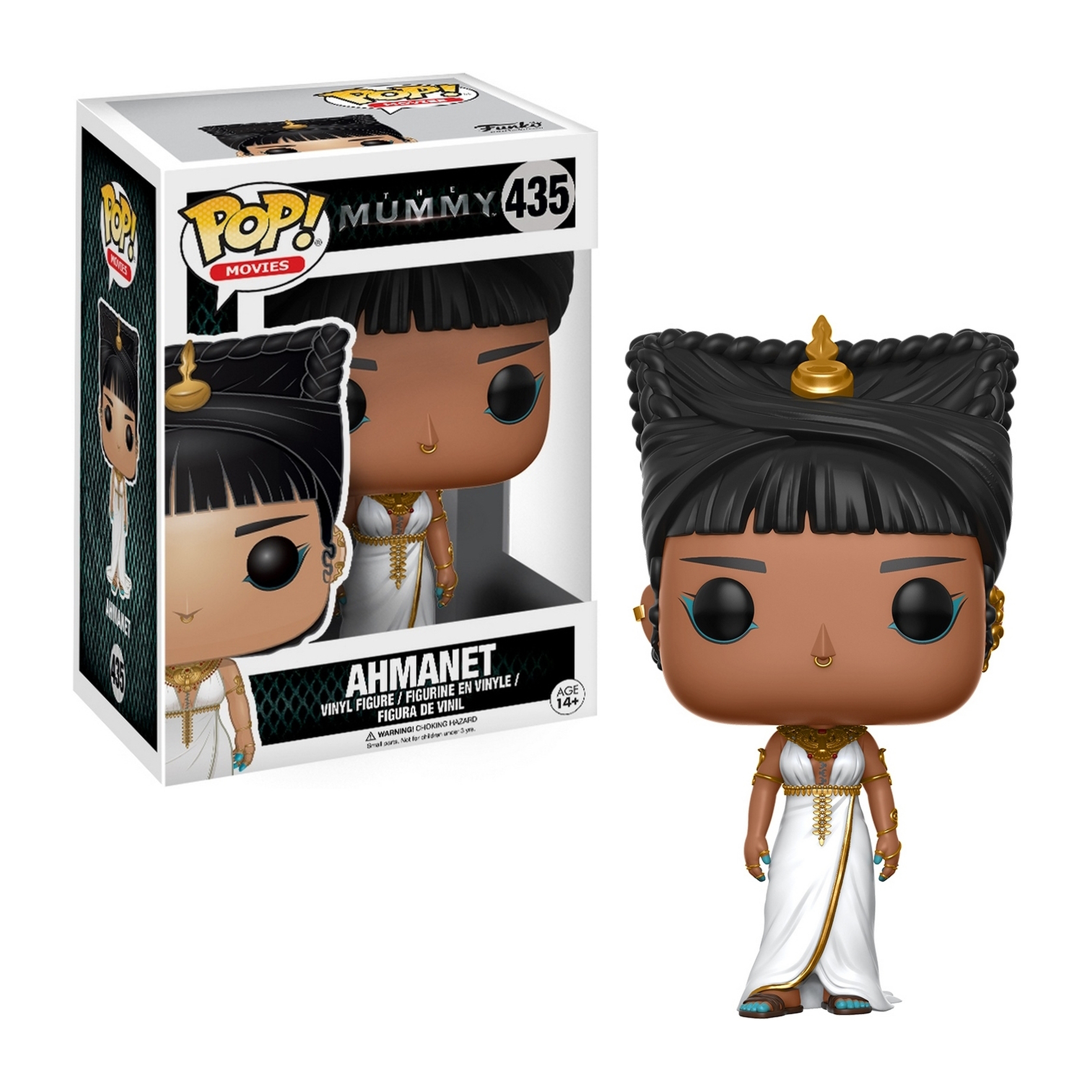 Ahmant Funko Pop Figur in weißem Kleid, schwarzem Haar und Goldschmuck, und Box.