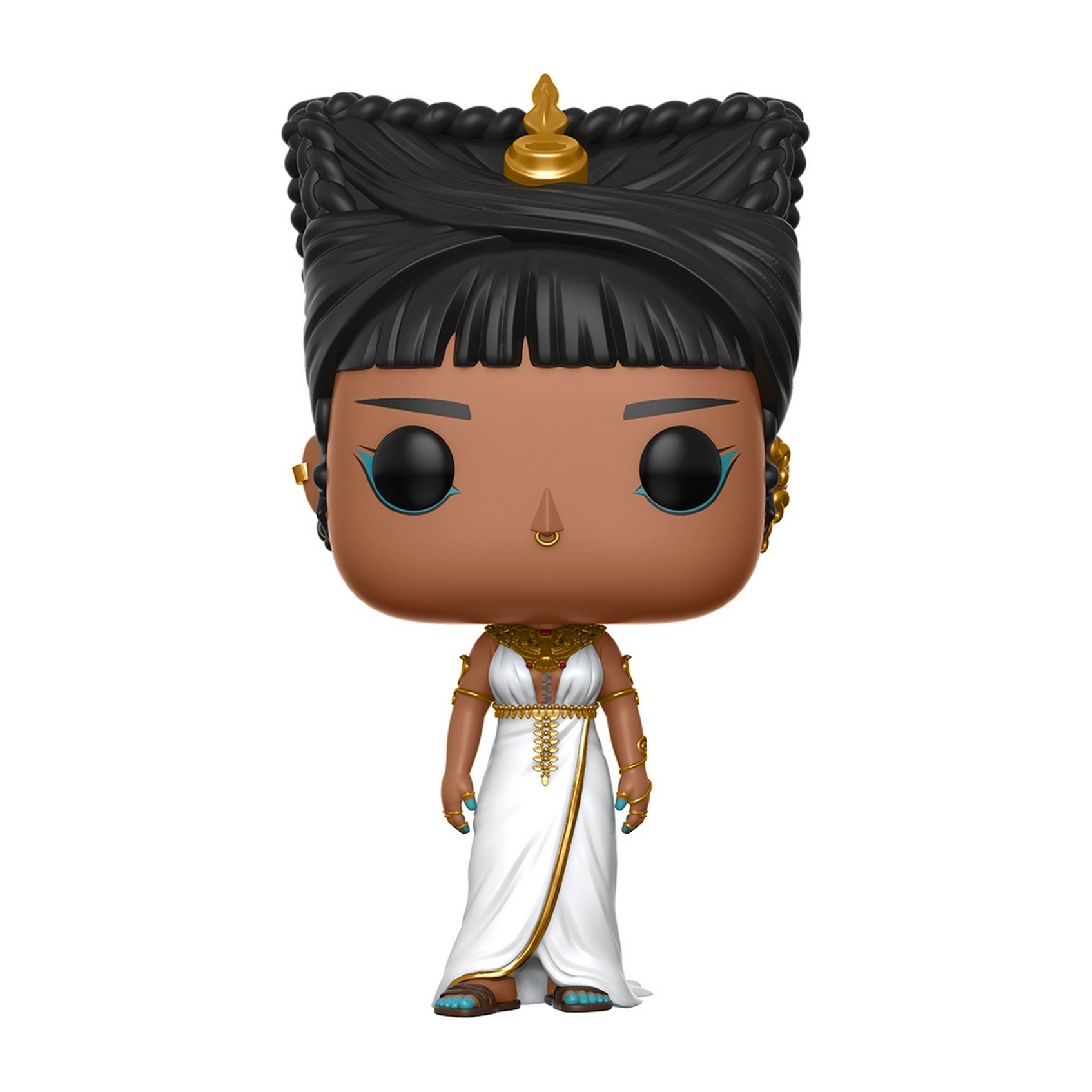 Kleopatra Funko Pop Figur mit Goldschmuck, schwarzem Haar und weißem Kleid.