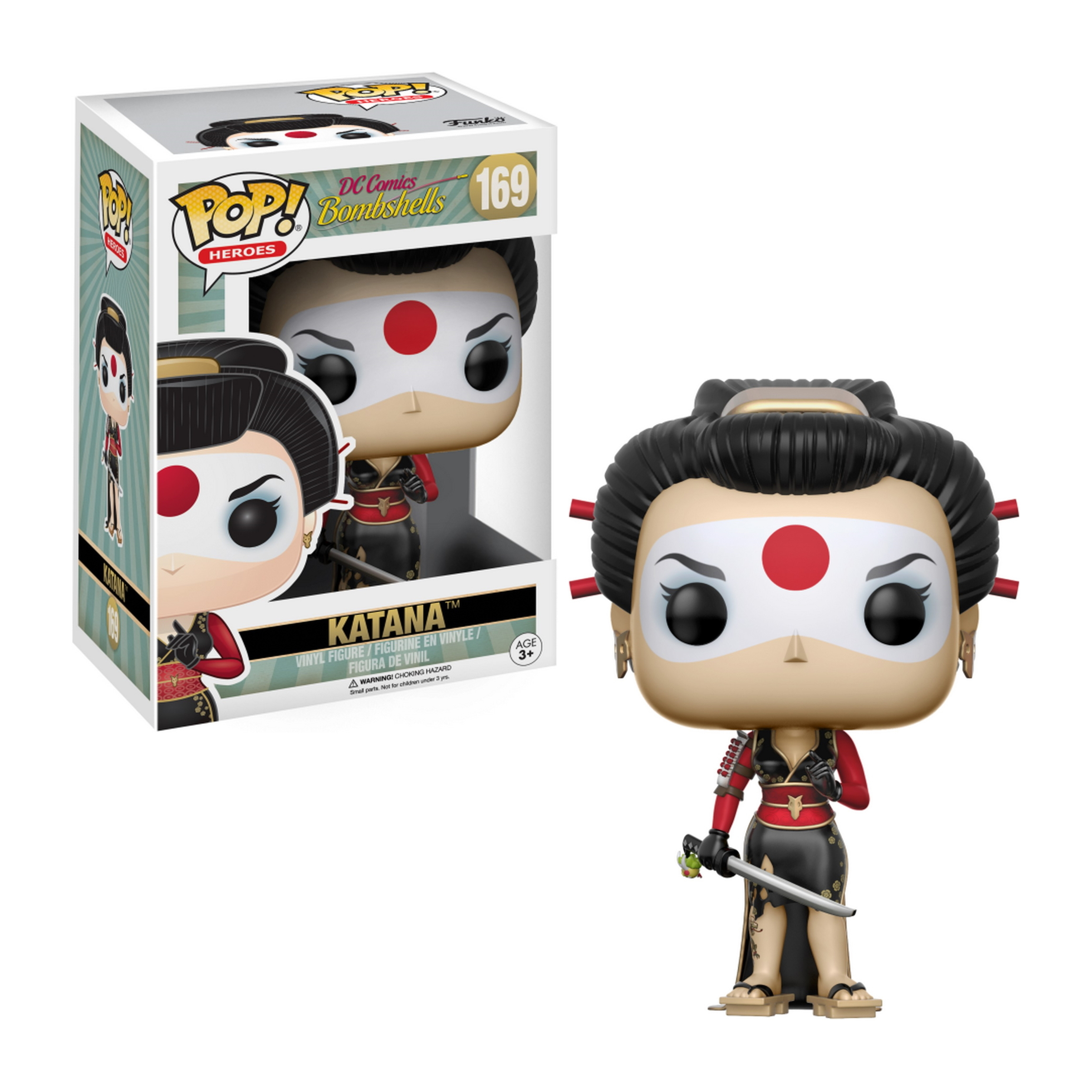 Katana Funko Pop Figur mit rotem Punkt, hält ein Schwert, mit Box im Hintergrund.