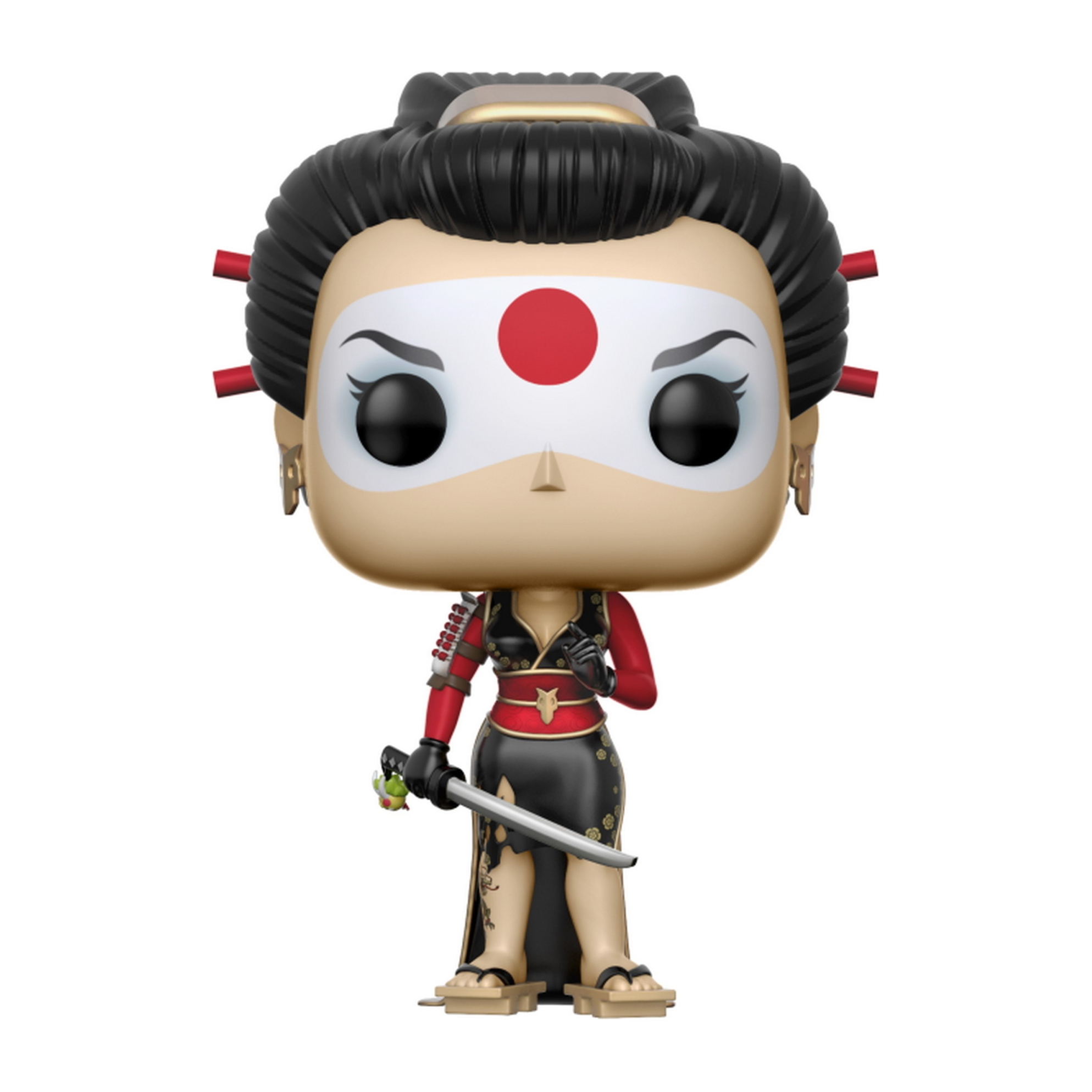Eine Geisha mit rotem Punkt auf der Stirn, trägt einen schwarzen Kimono, hält Schwert.
