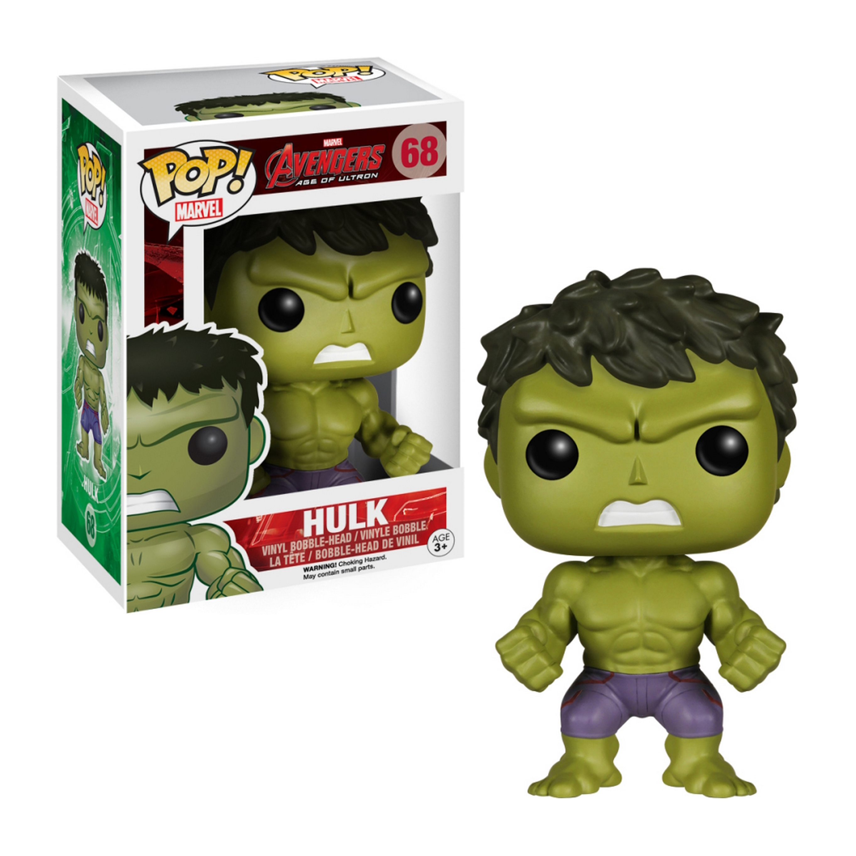 Figura di Hulk con corpo verde, pantaloncini viola e espressione severa, in una scatola con la stessa immagine.