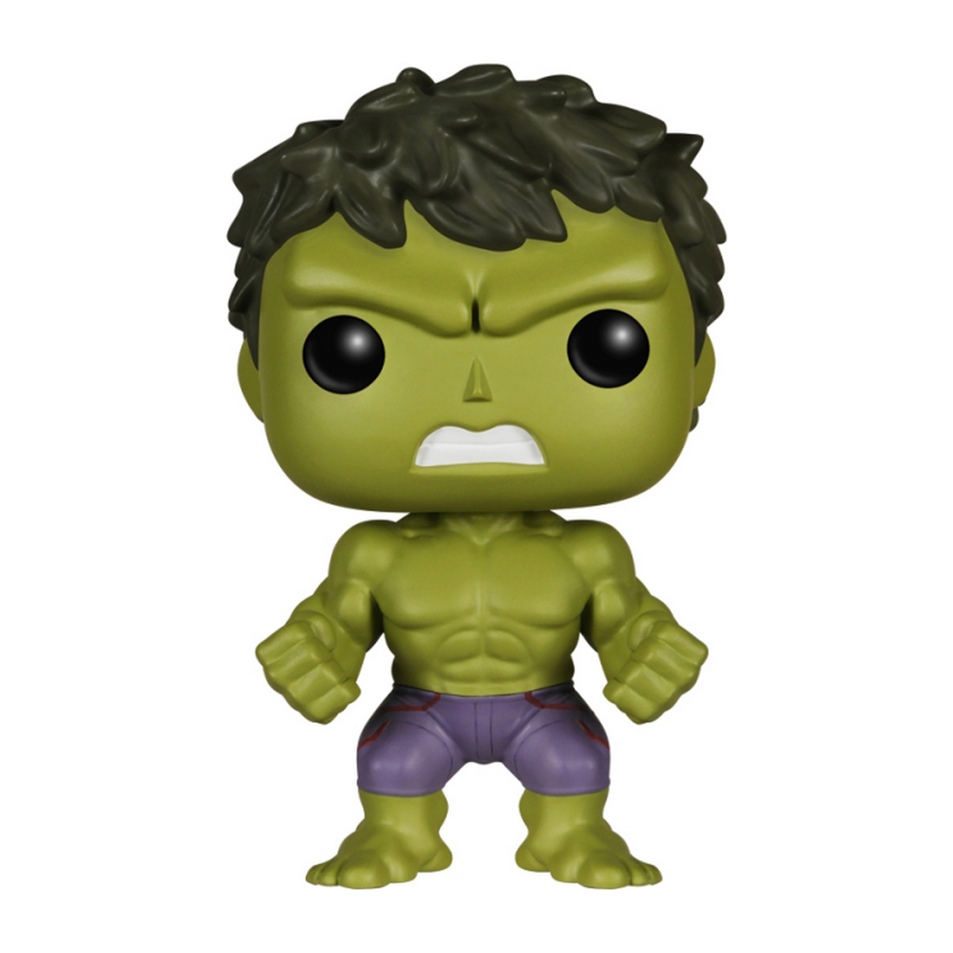 Figura Hulk Funko Pop, verde con pantaloncini viola, espressione arrabbiata.
