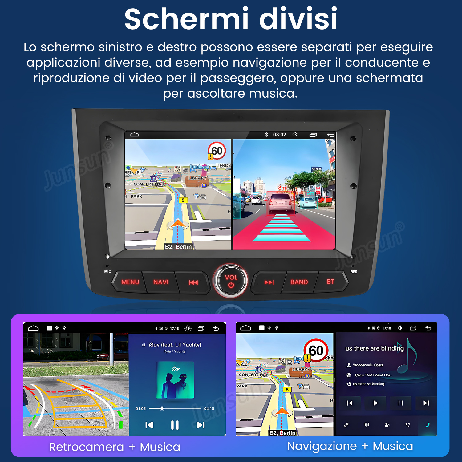 Schermo del sistema di navigazione dell'auto, diviso. Un lato mostra una mappa, l'altro musica.