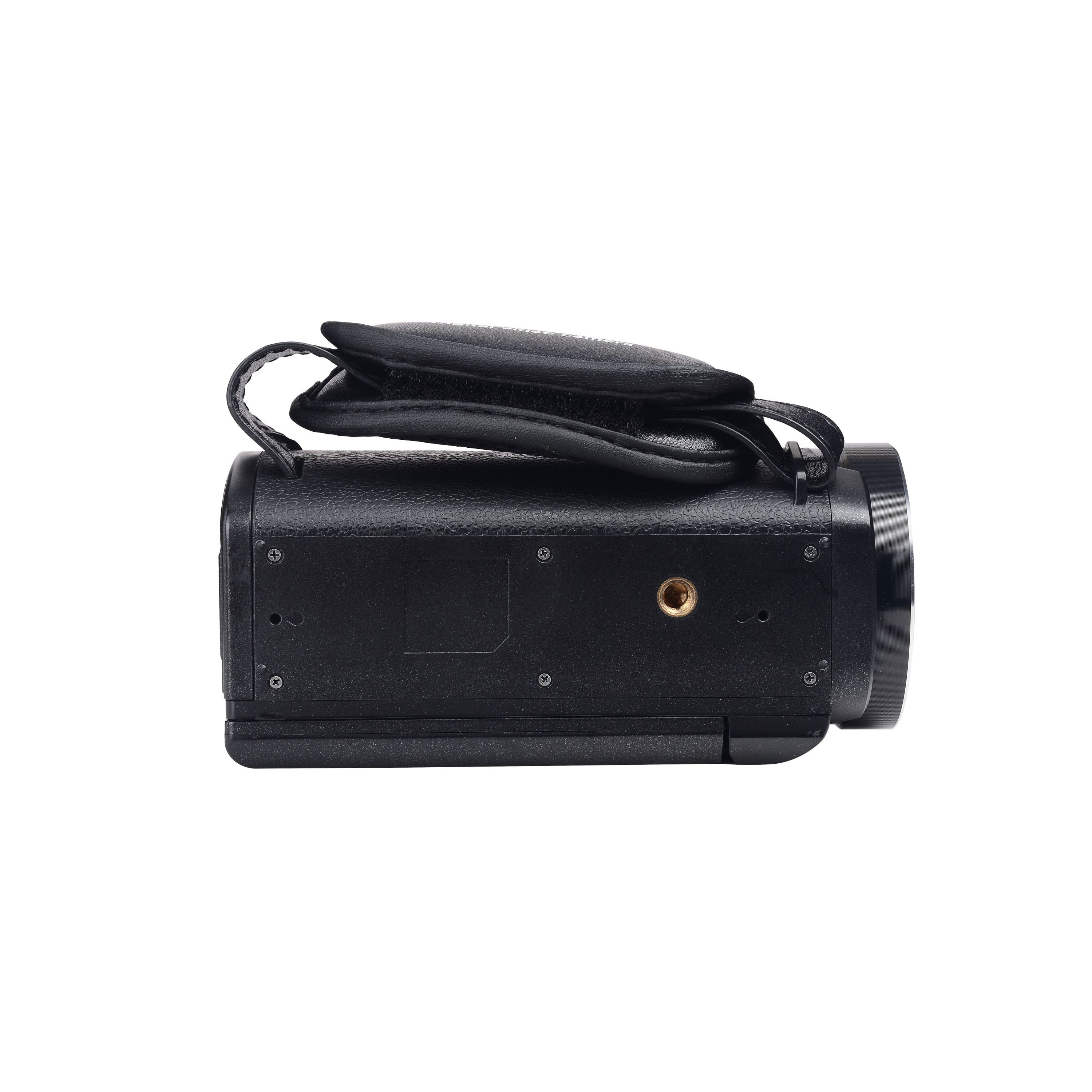 Czarna kamera wideo. Pokazuje spód z otworem na śrubę.