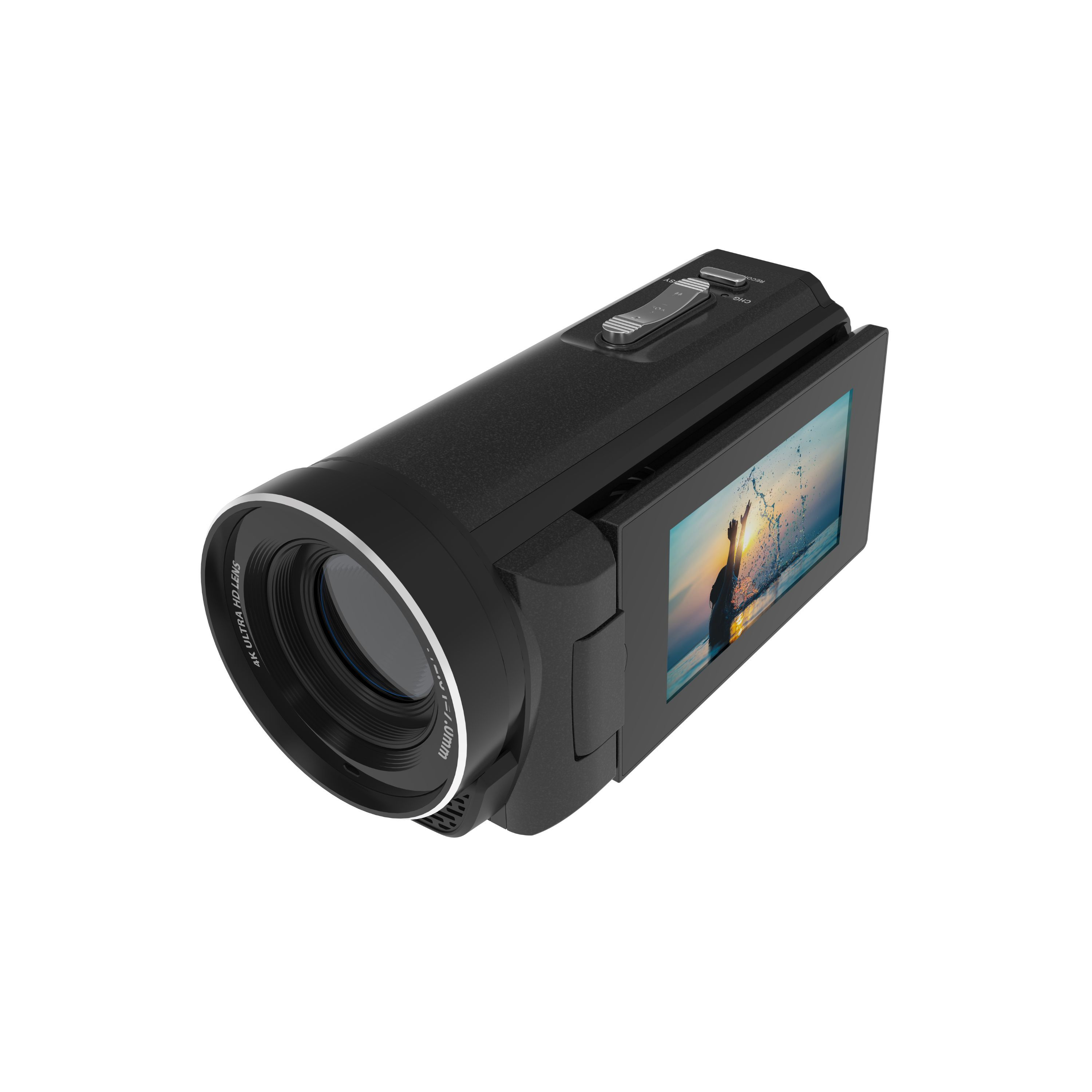 Czarny aparat z ekranem pokazującym scenę z rozbryzgami wody.