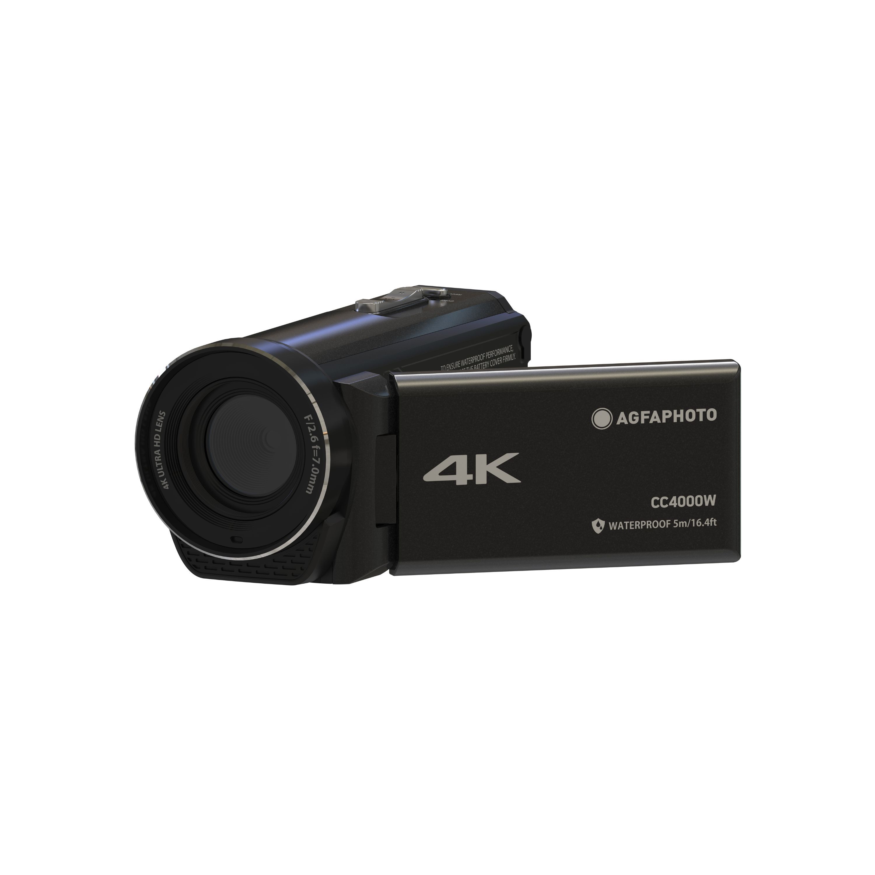 Czarny aparat z ekranem i czarne pudełko z napisem '4K' i 'AGFAPHOTO'.