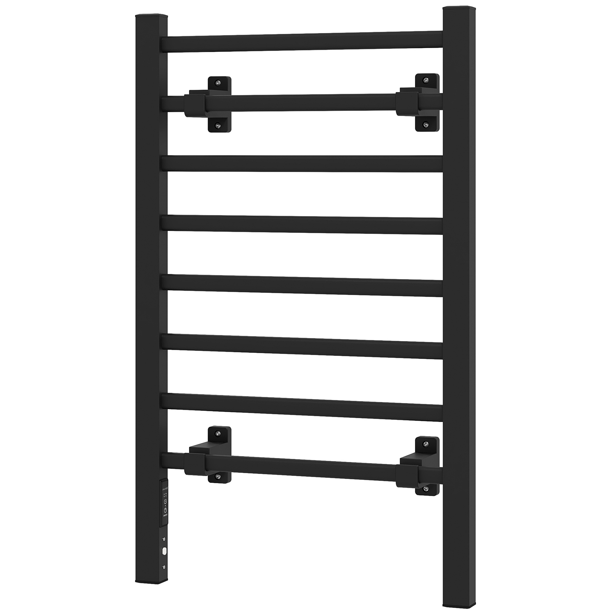 Scaldasalviette nero a parete. Barre orizzontali. Il muro è chiaro.