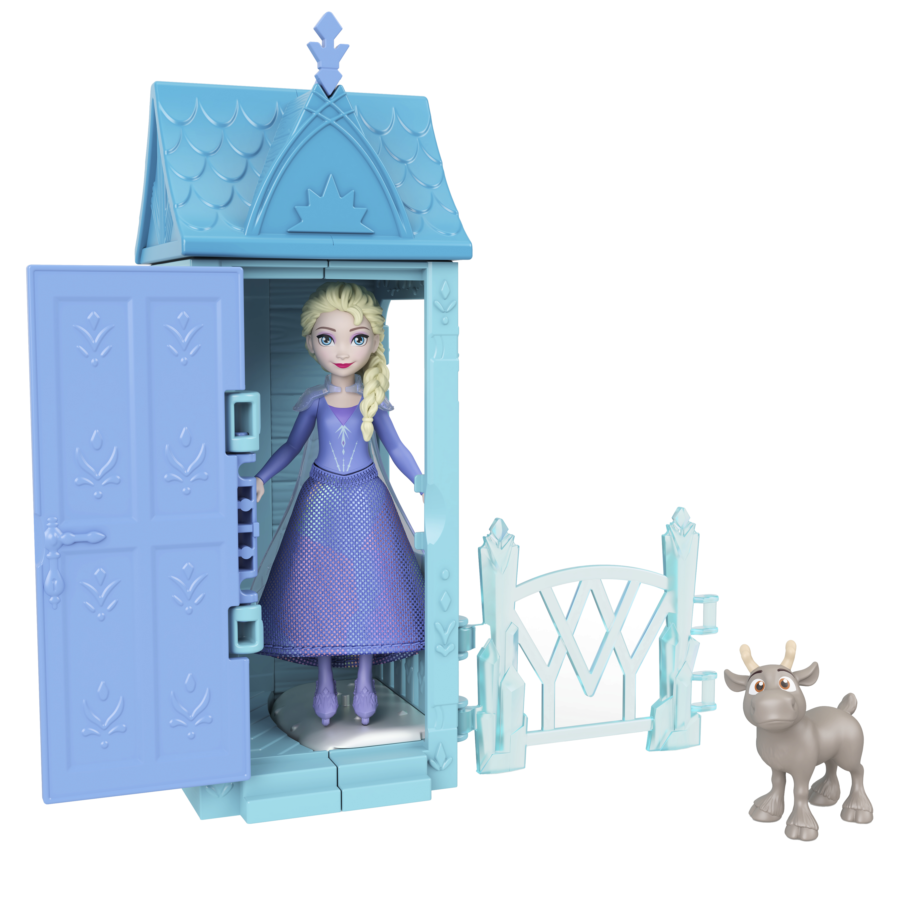 Zestaw lalek Elsy z niebieskim domkiem, bramą i zabawką reniferem. Elsa jest w domu.
