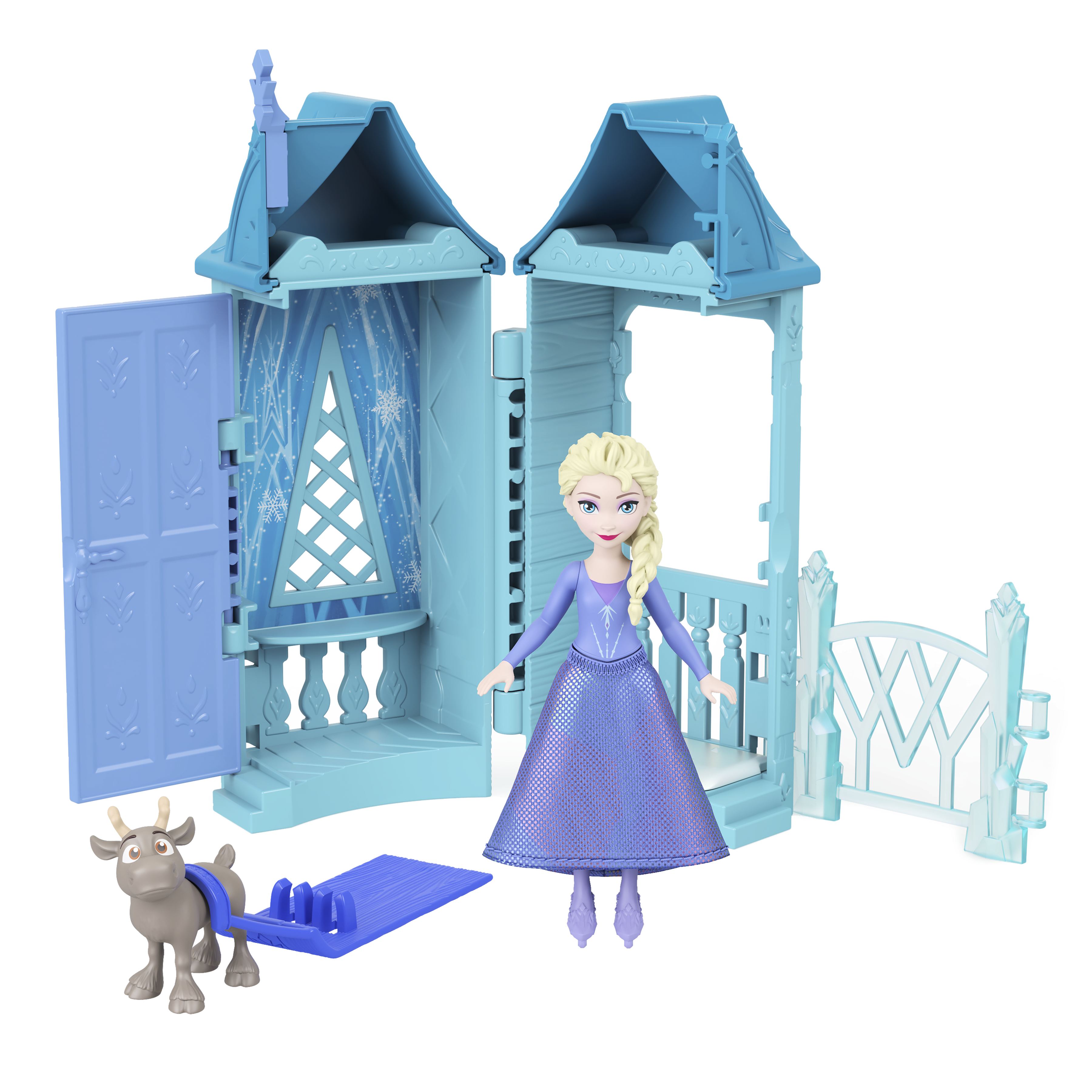 Zestaw do zabawy Frozen z lalką Elsy, niebieskimi drzwiami, bramą i figurką renifera.