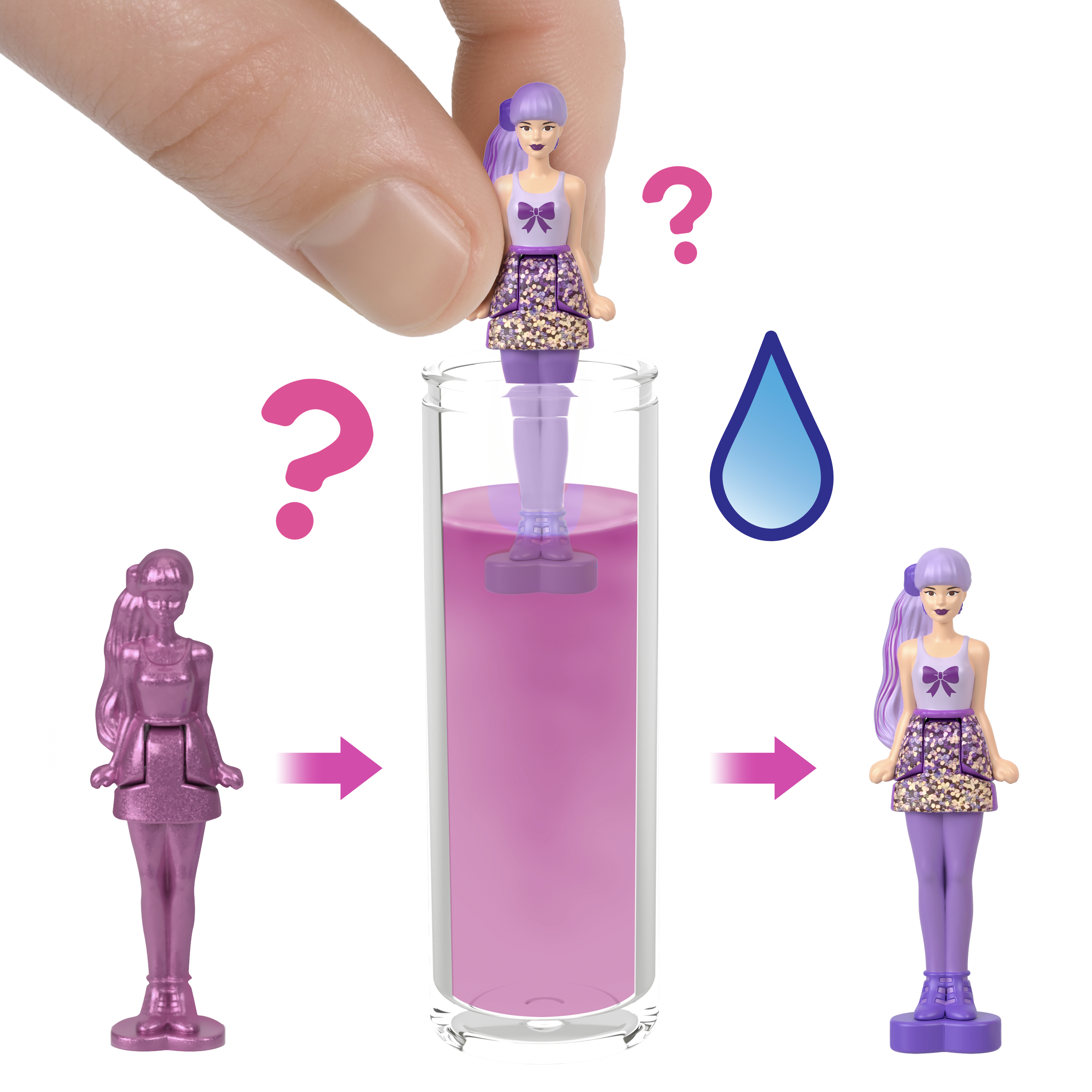 Eine Puppe ist teilweise in ein Glas mit rosa Flüssigkeit getaucht. Fragezeichen und ein Wassertropfen sind vorhanden.