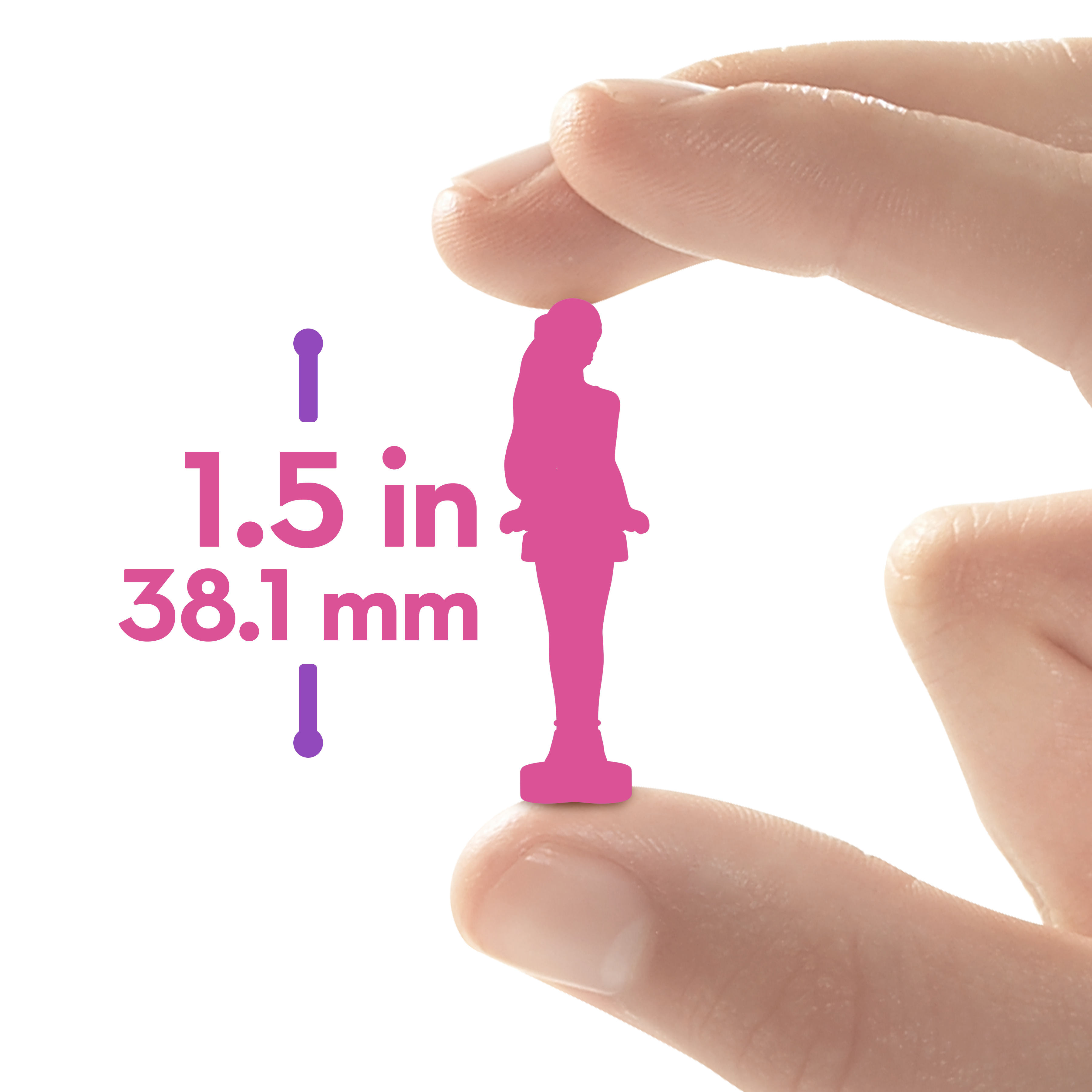 Eine rosa Silhouette einer Figur mit Text, der die Höhe mit 1,5 Zoll und 38,1 mm angibt.