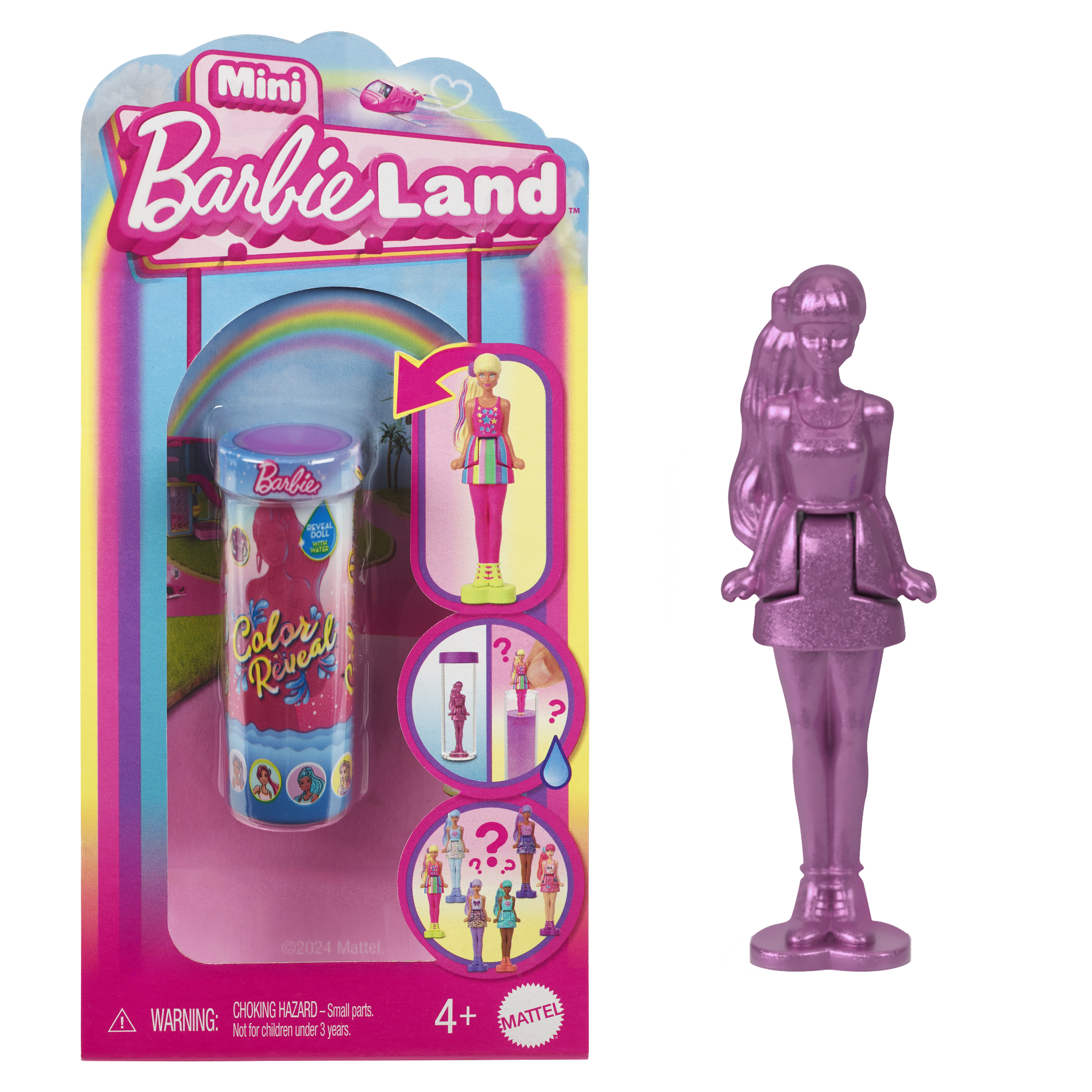Mini Barbie Land Spielzeug mit einer Puppe in einer Tube und einer separaten metallisch rosa Barbie-Puppe.