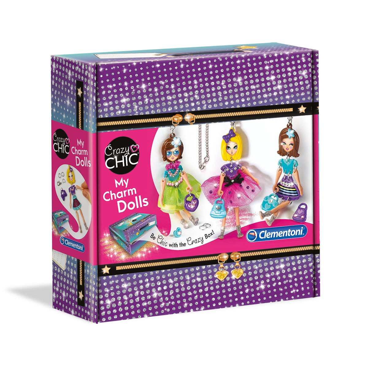 Pudełko z trzema zawieszkami w kształcie lalek na fioletowym tle z tekstem. Pudełko jest pokryte brokatem.