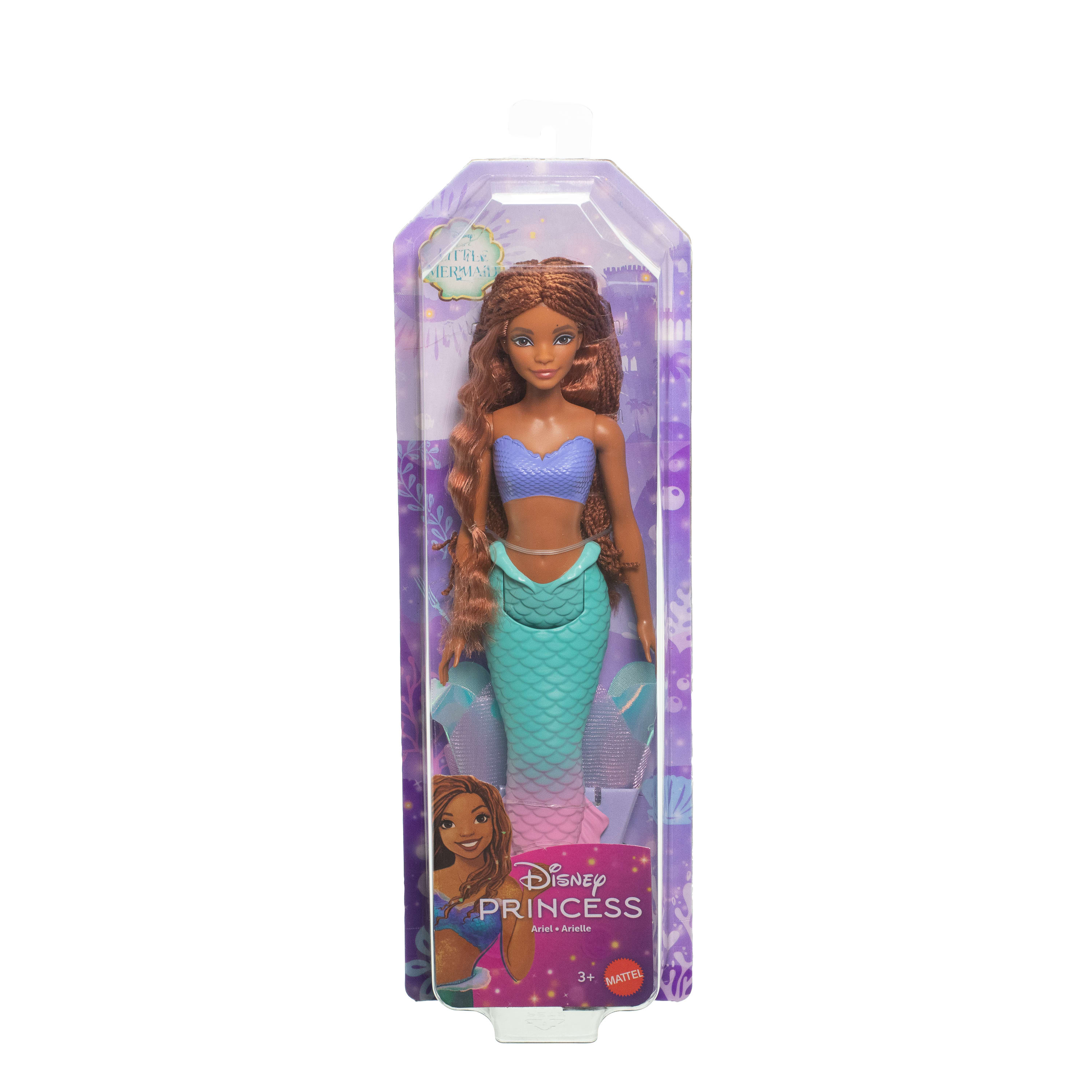 Ariel-Puppe in einer Verpackung, mit blauem Oberteil und türkisfarbenem Schwanz.
