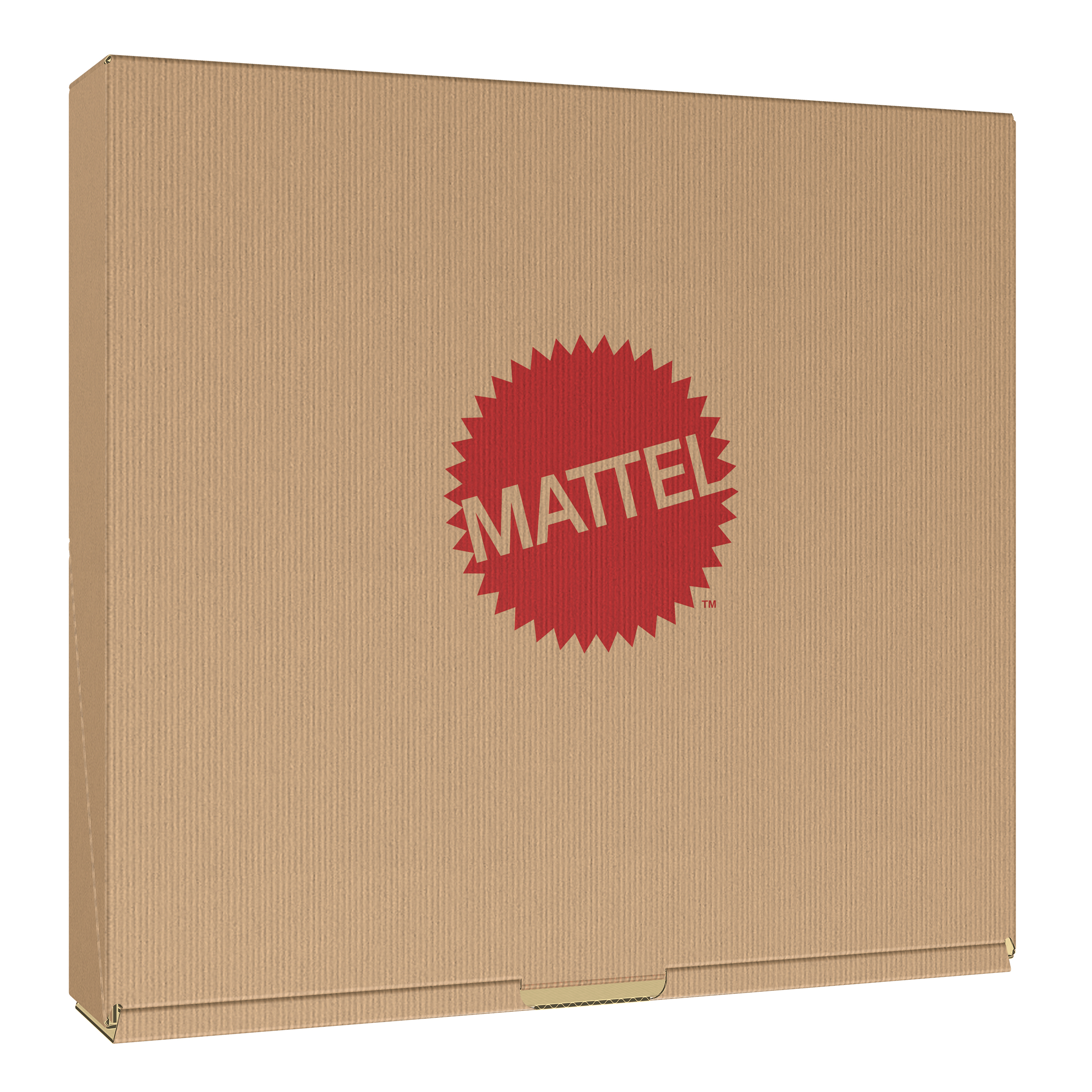 Brązowe kartonowe pudełko z logo Mattel w kolorze czerwonym. Białe tło.