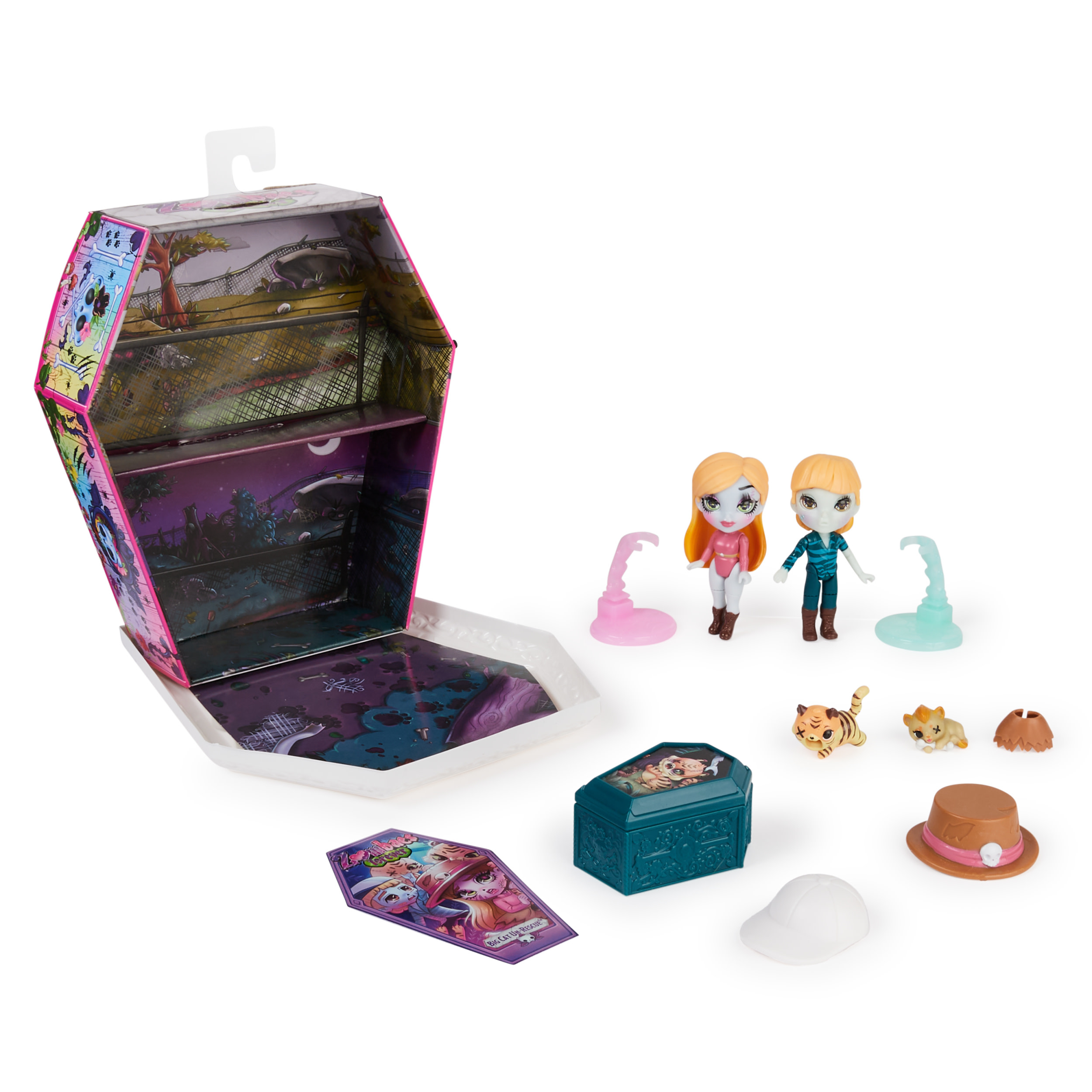 Un juego de juguetes en forma de ataúd abierto con dos muñecas y accesorios. Incluye un sombrero y pequeñas figuras de animales.