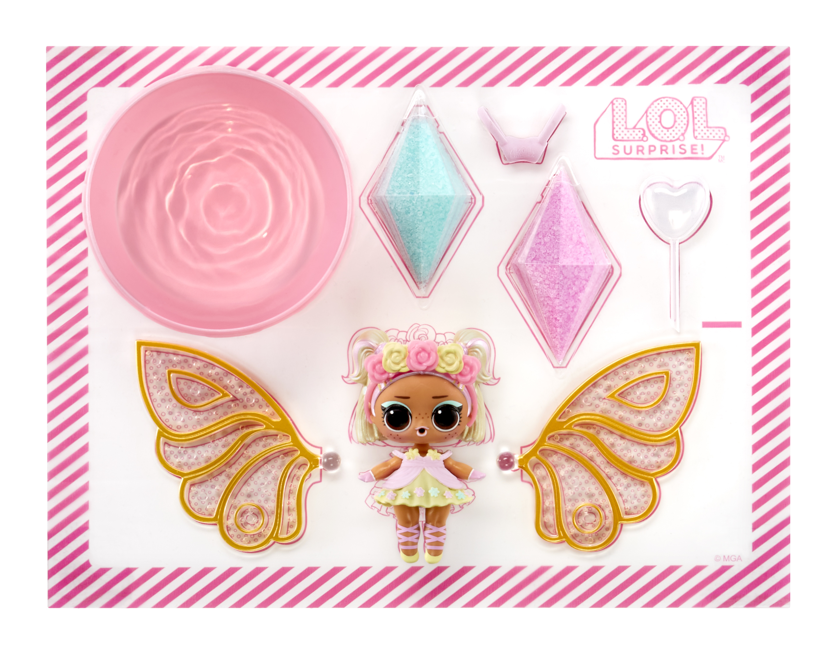L.O.L. Surprise Puppenset mit Zubehör und einer rosa Box. Die Puppe hat Engelsflügel und einen Blumenkranz.