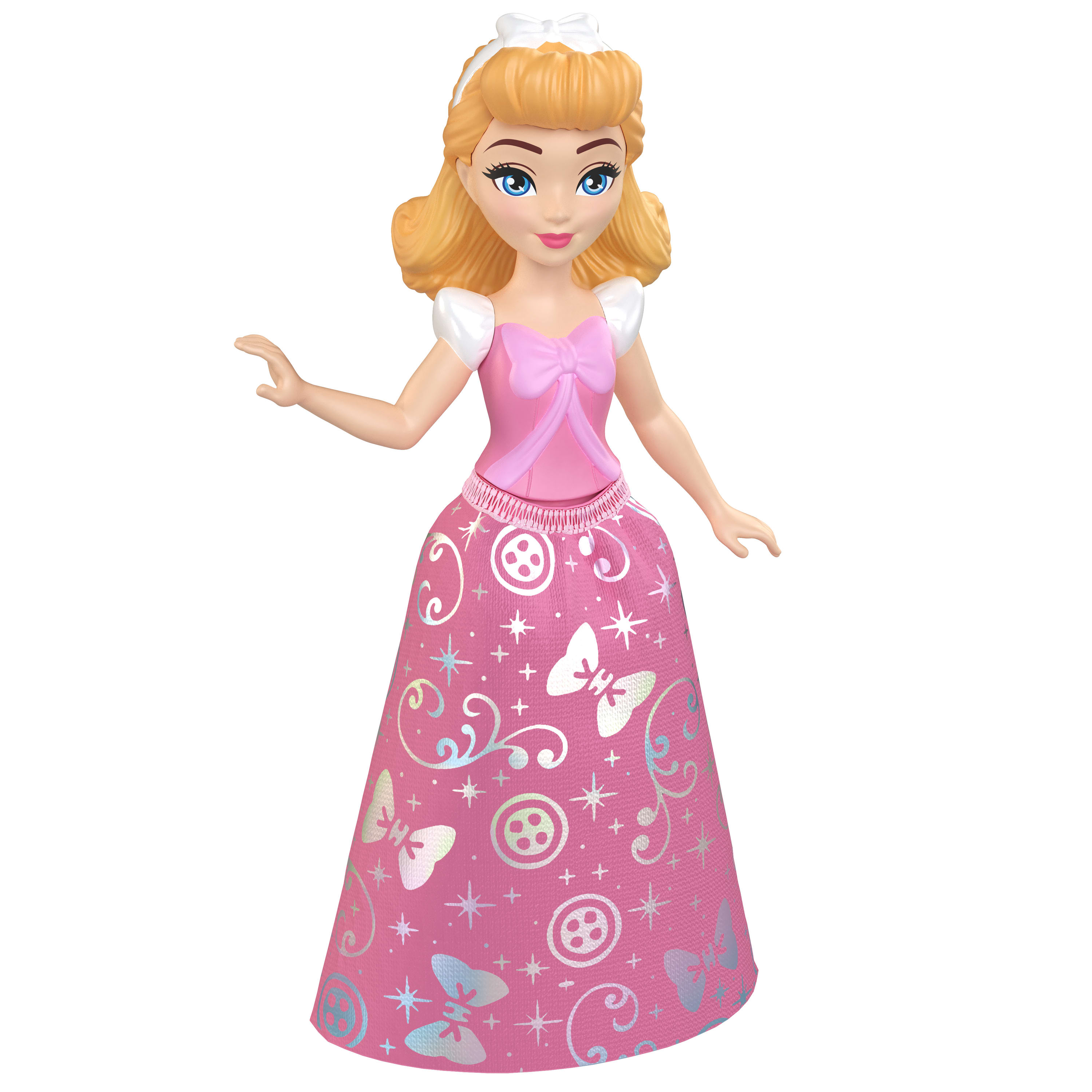 Muñeca Cenicienta, cabello rubio, con vestido rosa con lazos y mariposas.