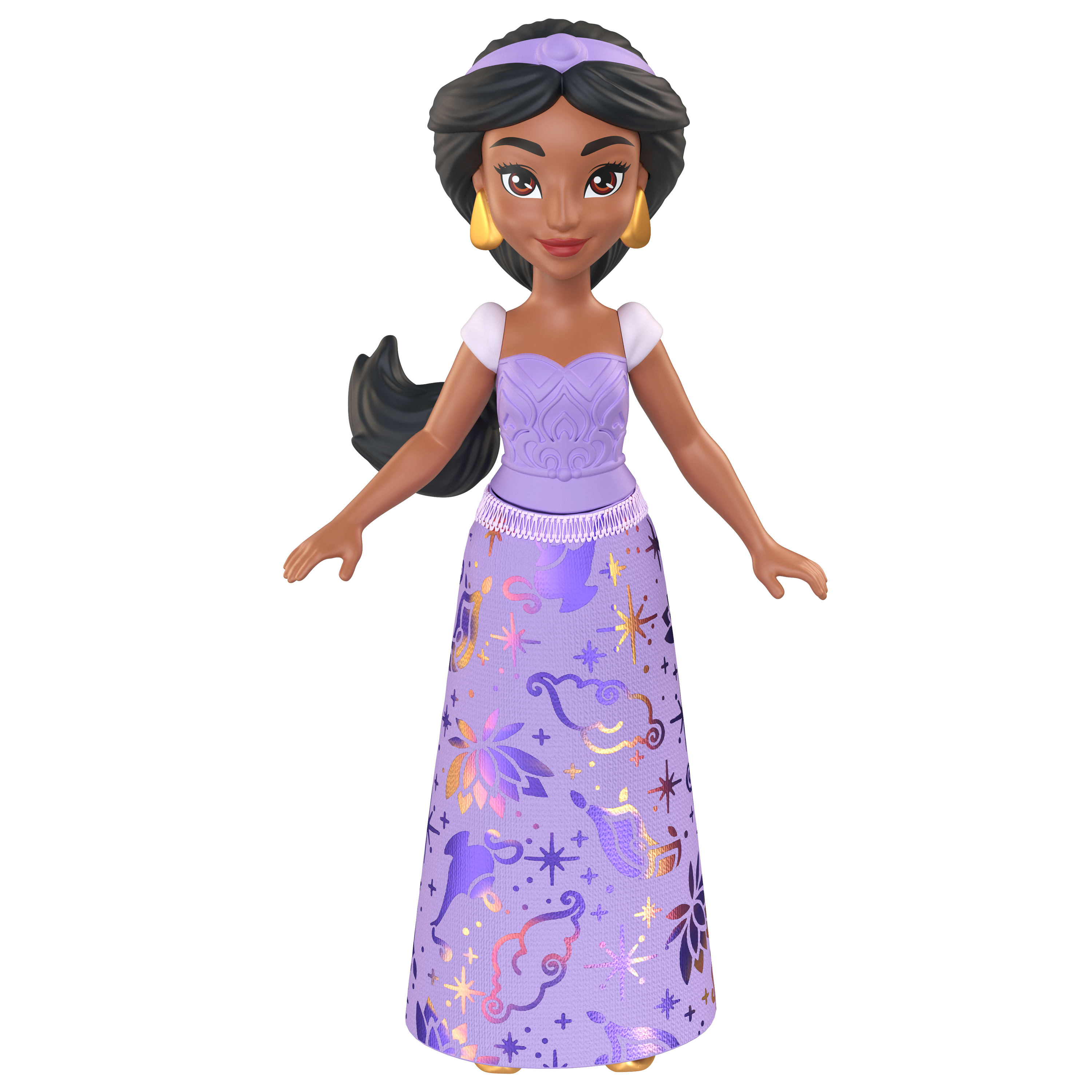 Muñeca Jasmine, con vestido morado, aretes dorados y peinado negro.