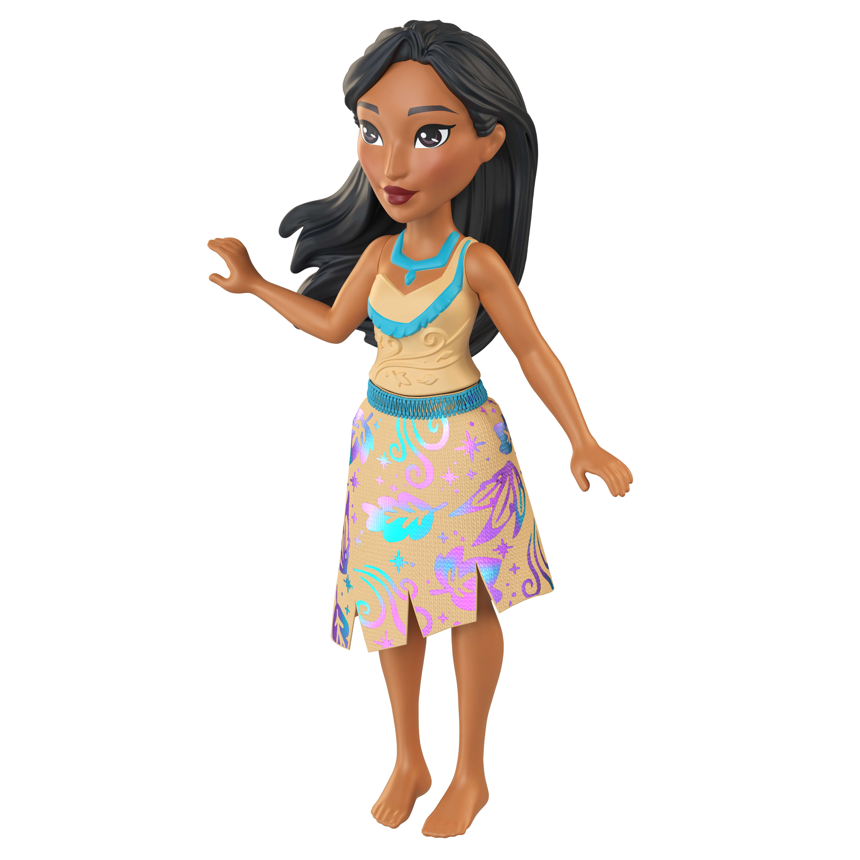 Muñeca Pocahontas con cabello oscuro, con top beige y falda.