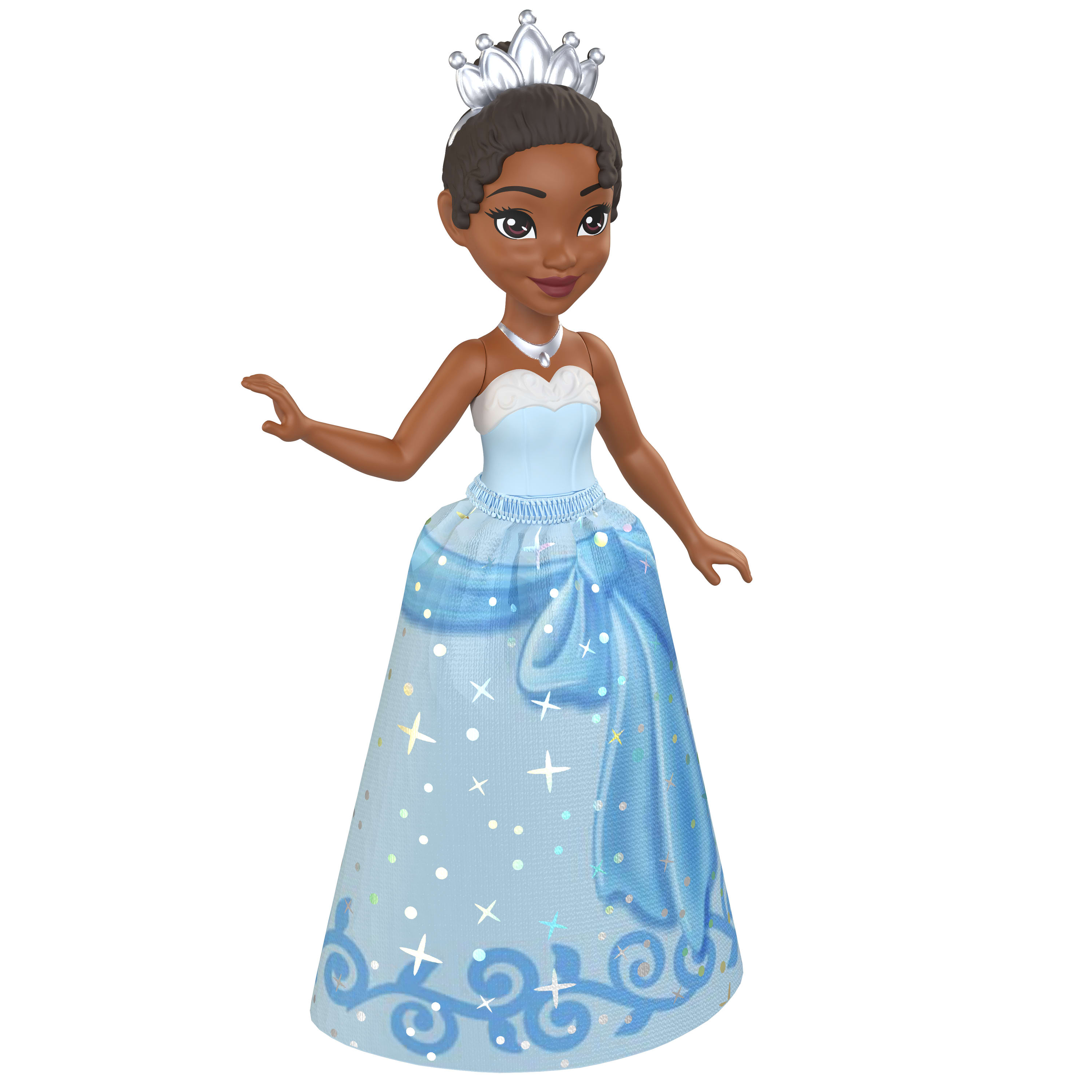 Muñeca Tiana, con un vestido azul, con corona y tiara.