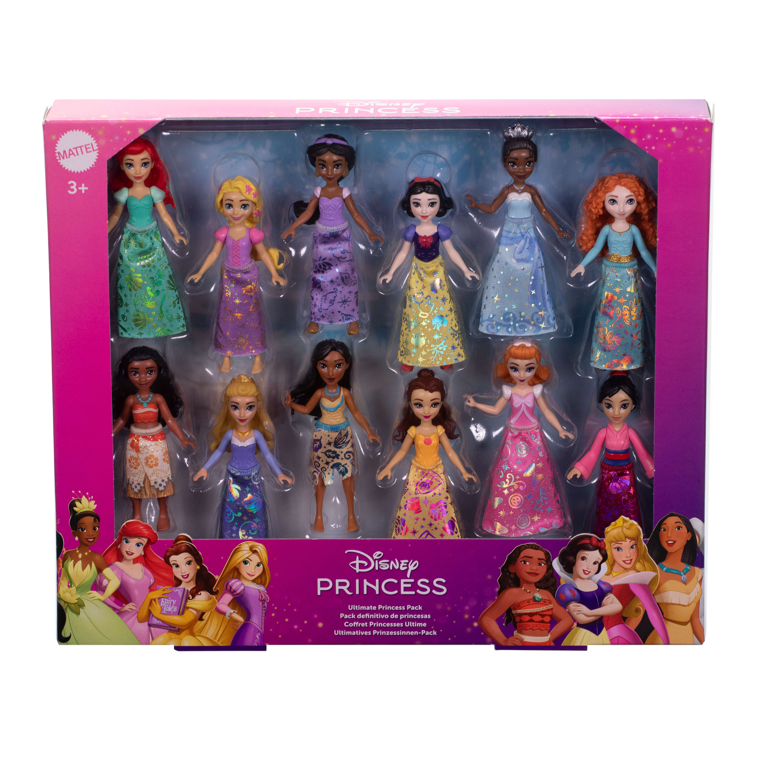 Un conjunto de muñecas Princesas Disney en una caja, con múltiples princesas visibles.