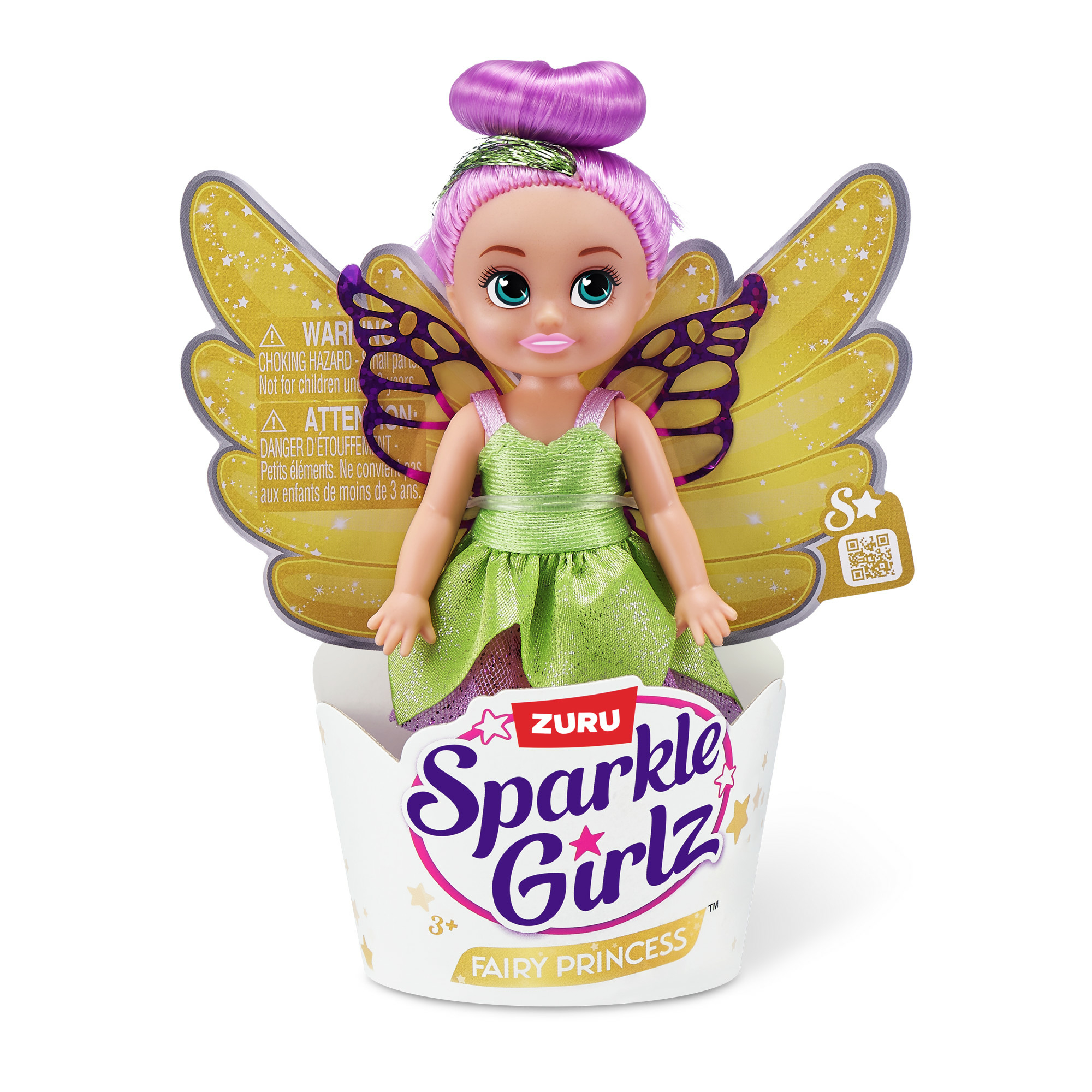 Fee Prinzessin Puppe mit lila Haaren, Flügeln und Kleid. Kommt in einer Box mit Text.