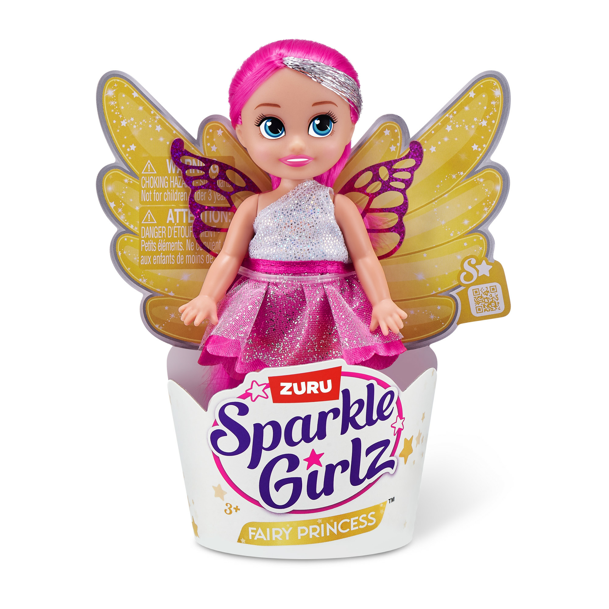 Fee Prinzessin Puppe mit rosa Haaren, Flügeln und Kleid. Kommt in einer Box mit Text.