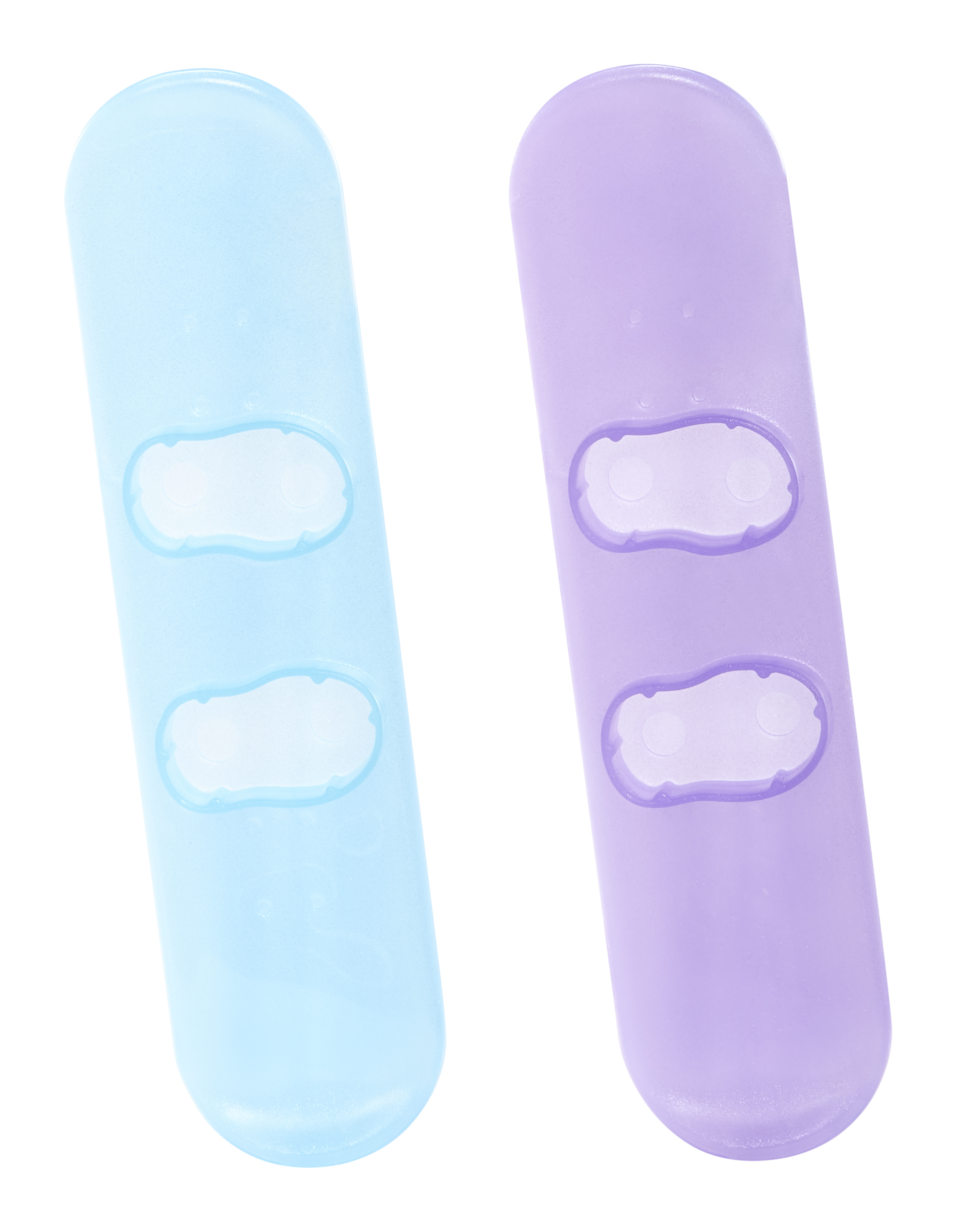 Dwie niebieskie i fioletowe przezroczyste plastikowe tuby z owalnymi białymi etykietami, na białym tle.