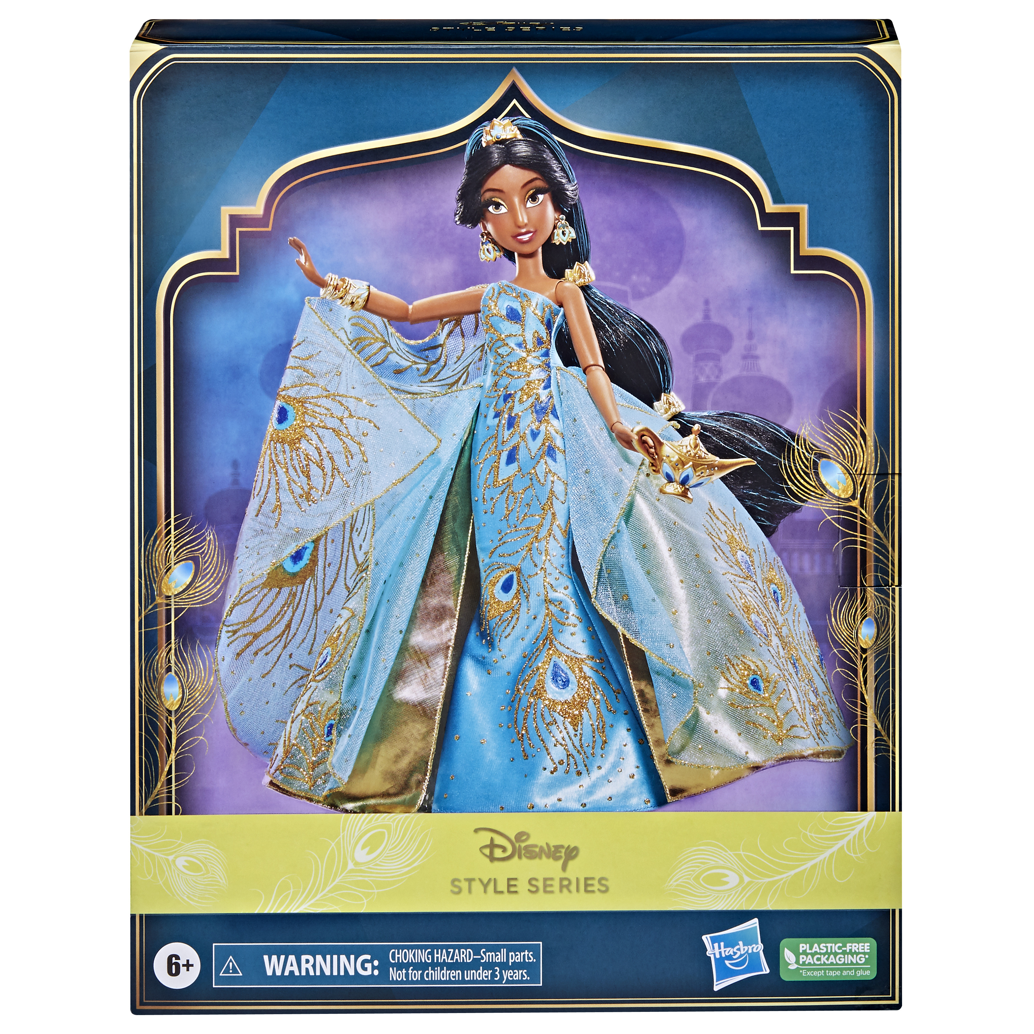 Jasmine-Puppe in blauem Kleid. Sie hat schwarzes Haar und ist in einer Box mit der Aufschrift Disney Style Series.