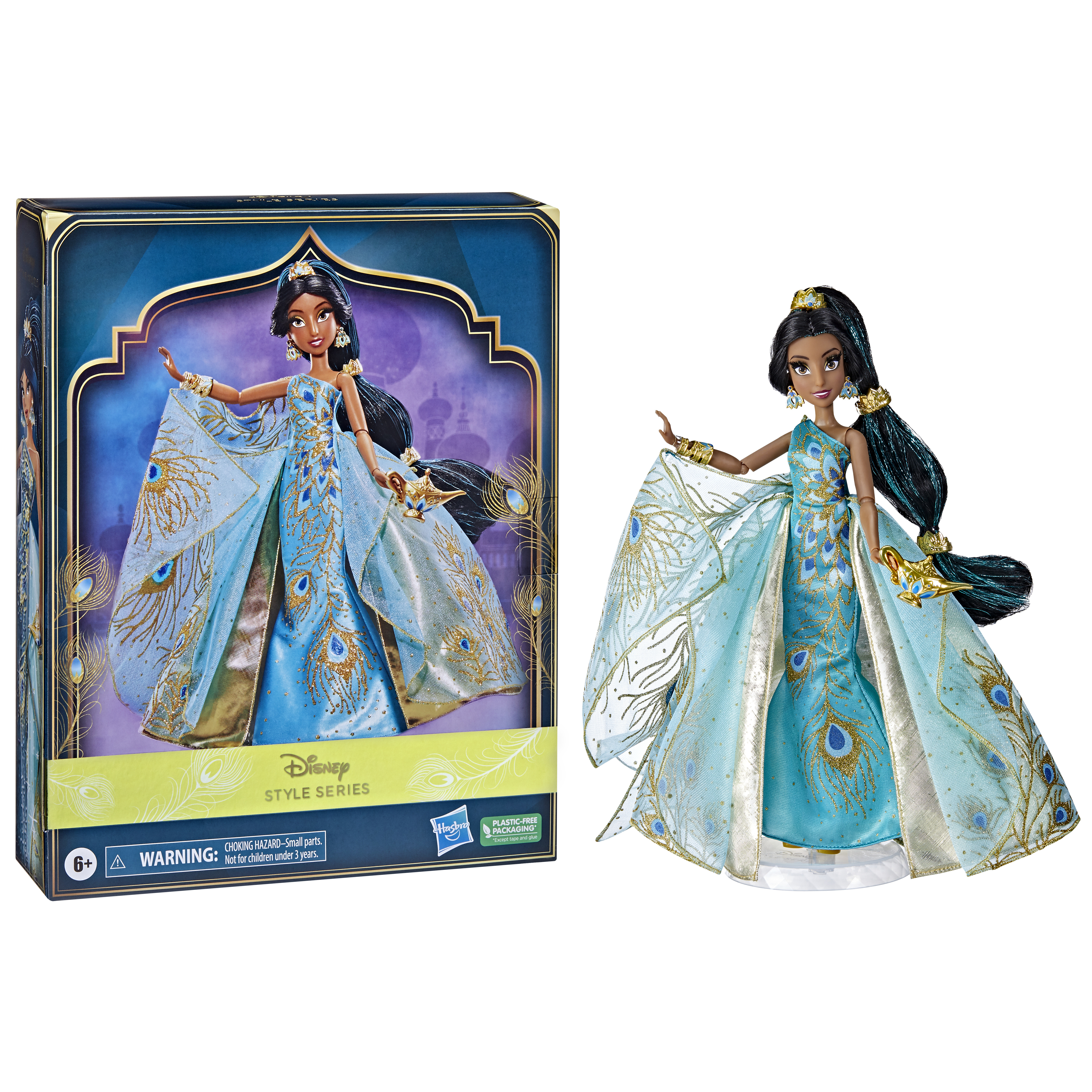 Eine Disney Jasmine Puppe in einem blau-goldenen Kleid, präsentiert in einer Box und auf einem Ständer.