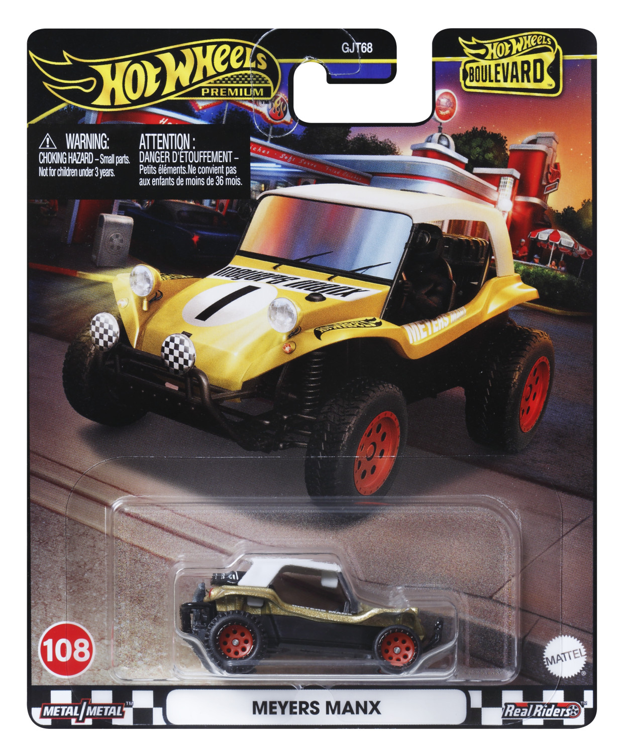Żółty samochodzik Hot Wheels Meyers Manx. Czarno-biała szachownica na kołach. Na czarnej karcie.