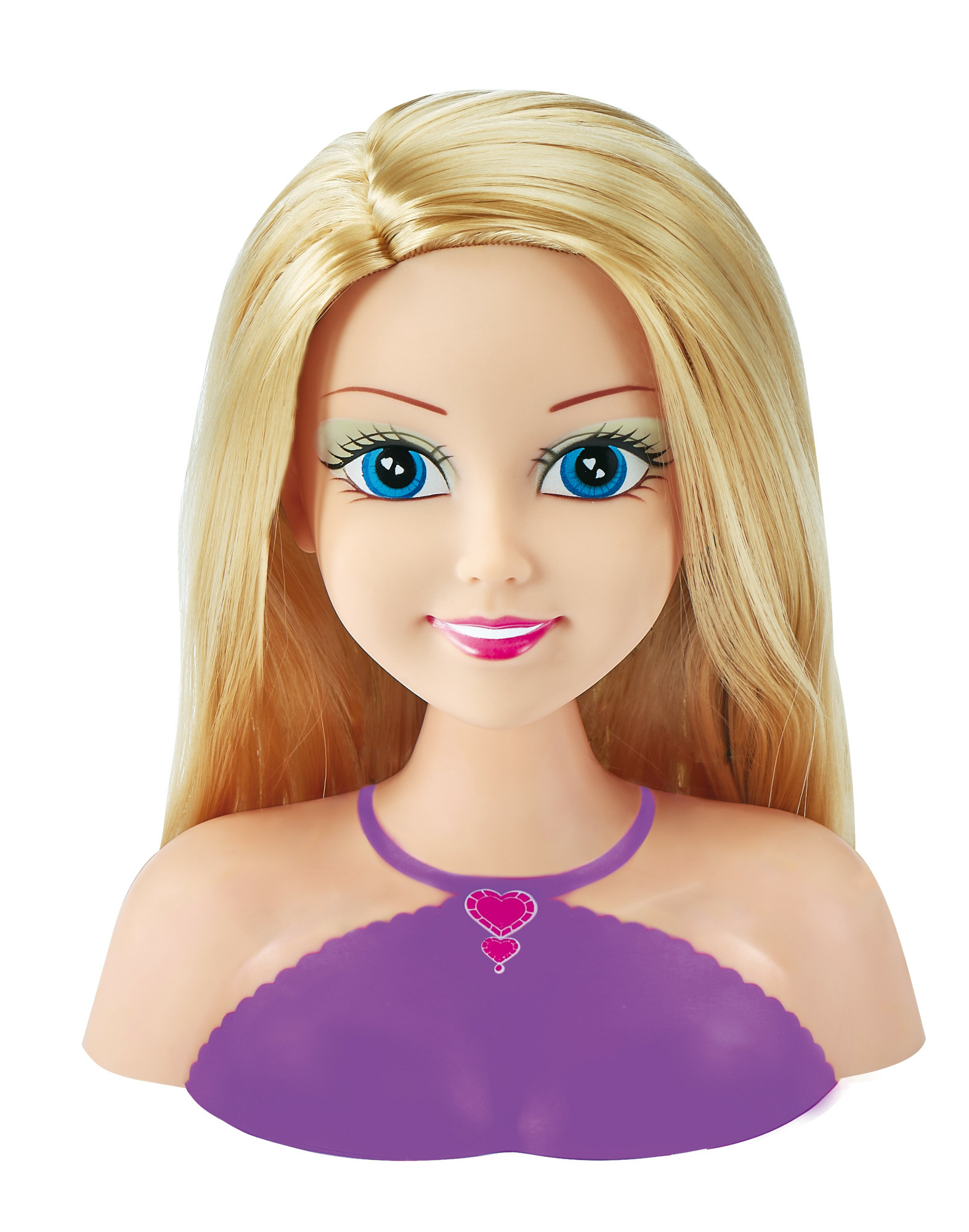 Głowa lalki z blond włosami i niebieskimi oczami. Lalka ma na sobie fioletowy top. Białe tło.
