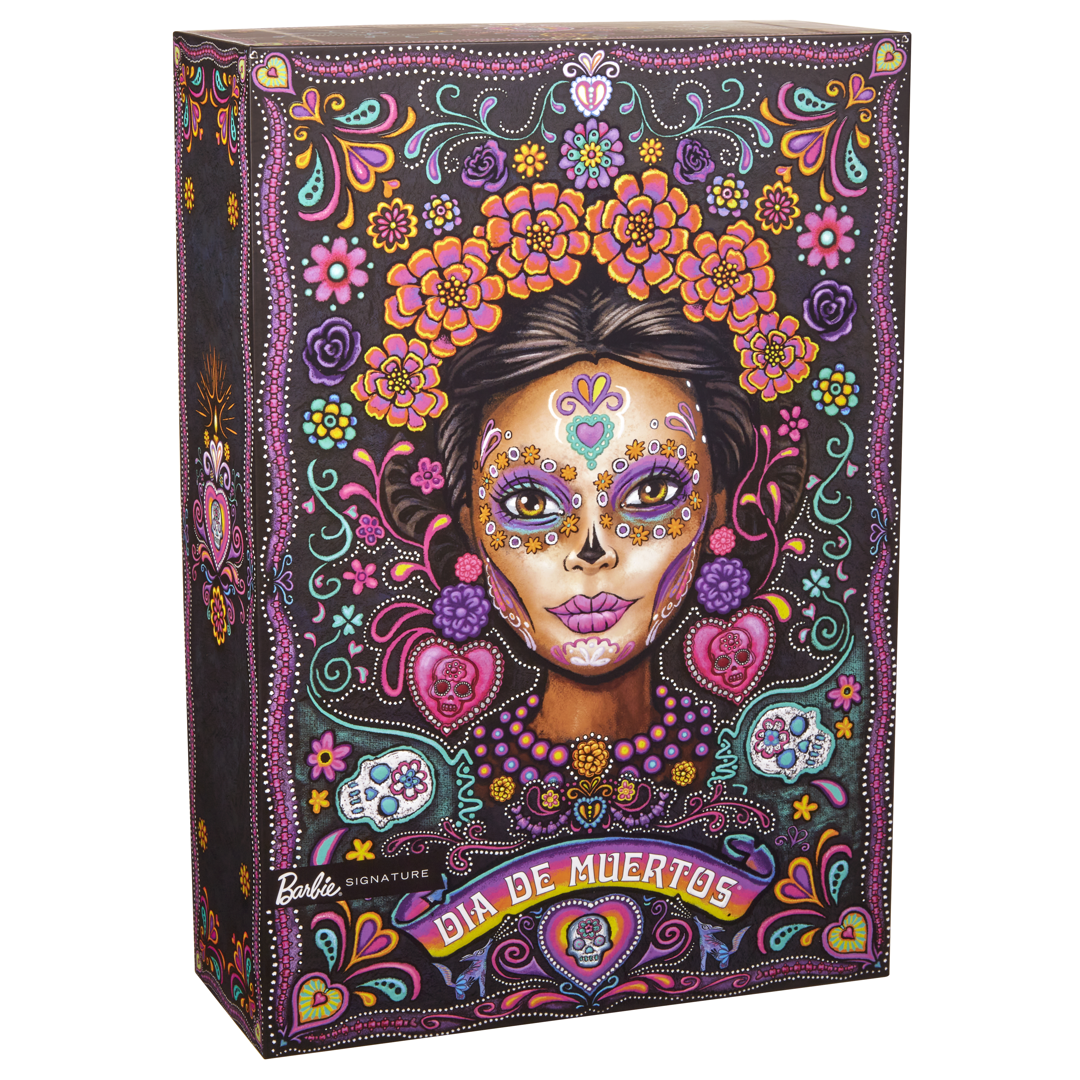 Pudełko z lalką Barbie. Przedstawia kobietę ze szczegółowym makijażem twarzy, z kwiatowymi dekoracjami.