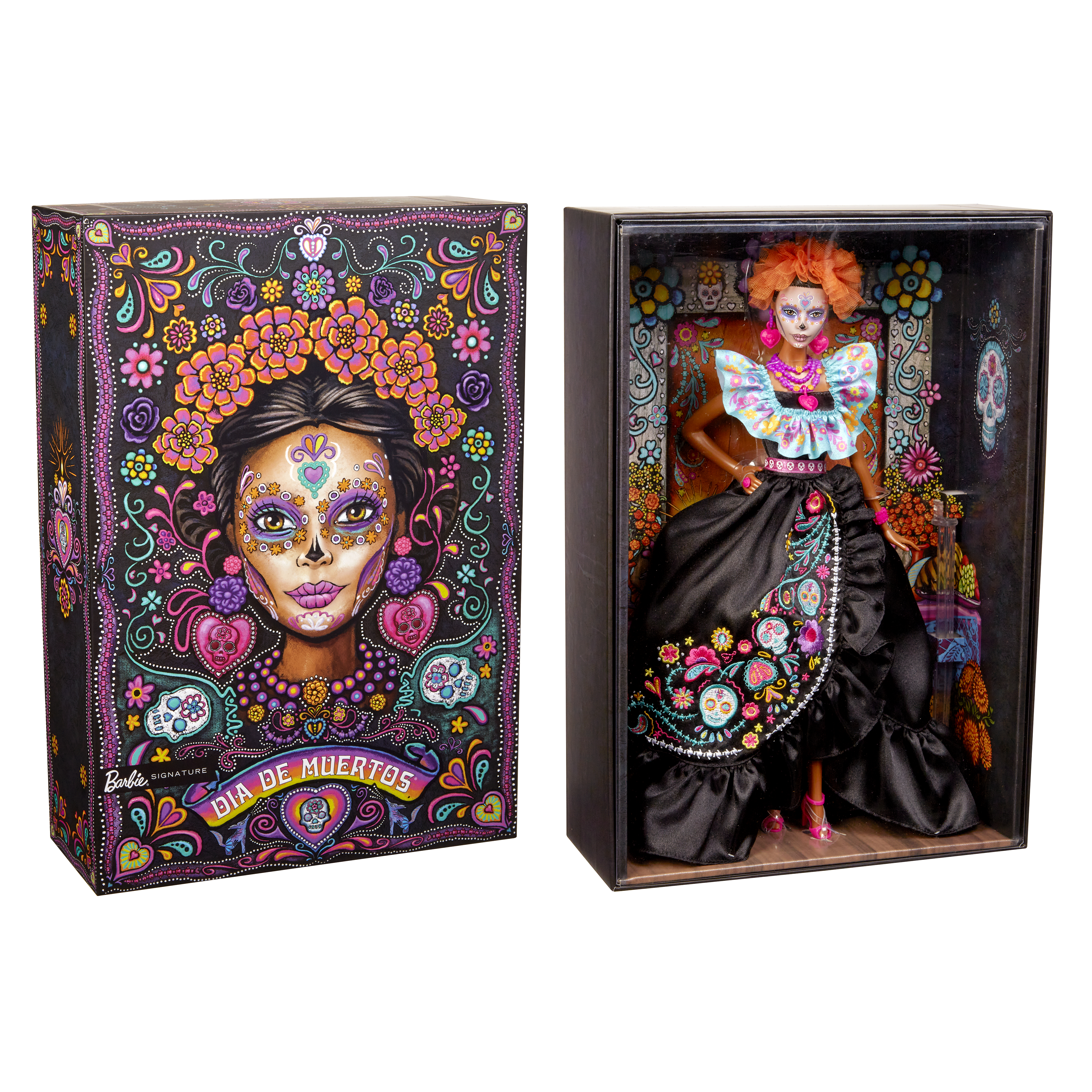 Lalka w pudełku wystawowym z motywem Dia de Muertos. Pudełko i lalka prezentują kolorowe, szczegółowe grafiki.