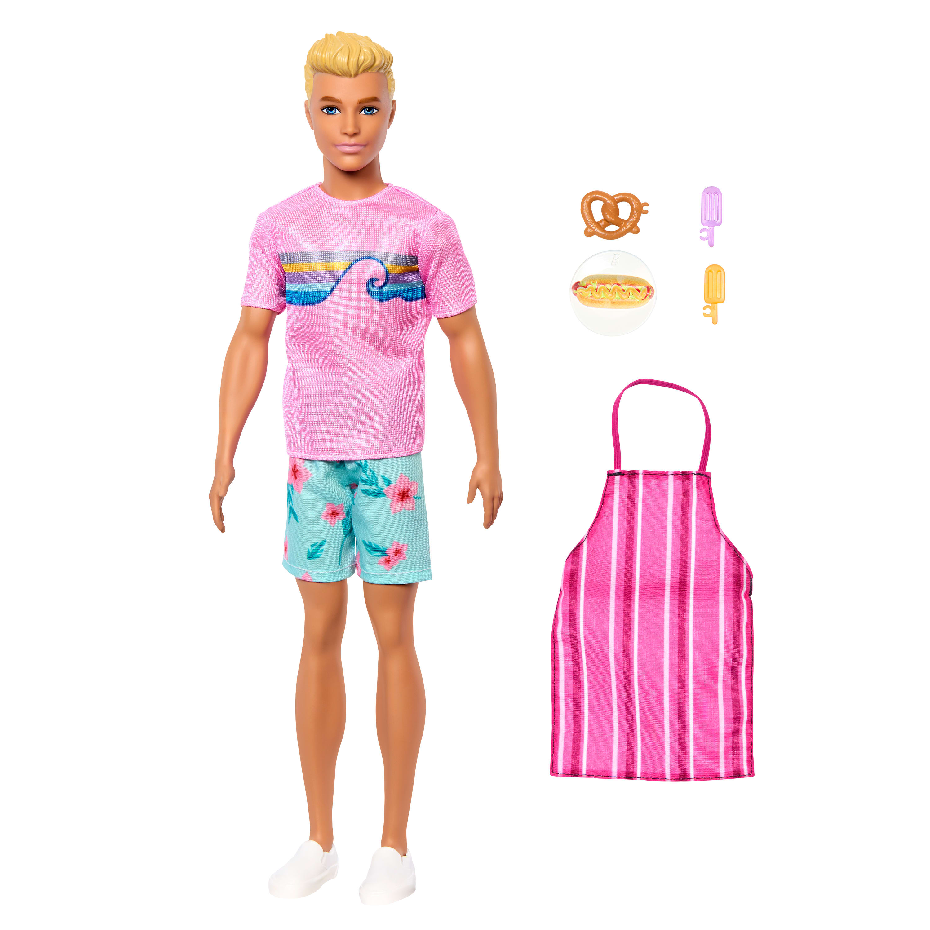 Ken-Puppe mit pinkem Oberteil und Shorts, hält Accessoires: Brezel, Eis, Schürze.