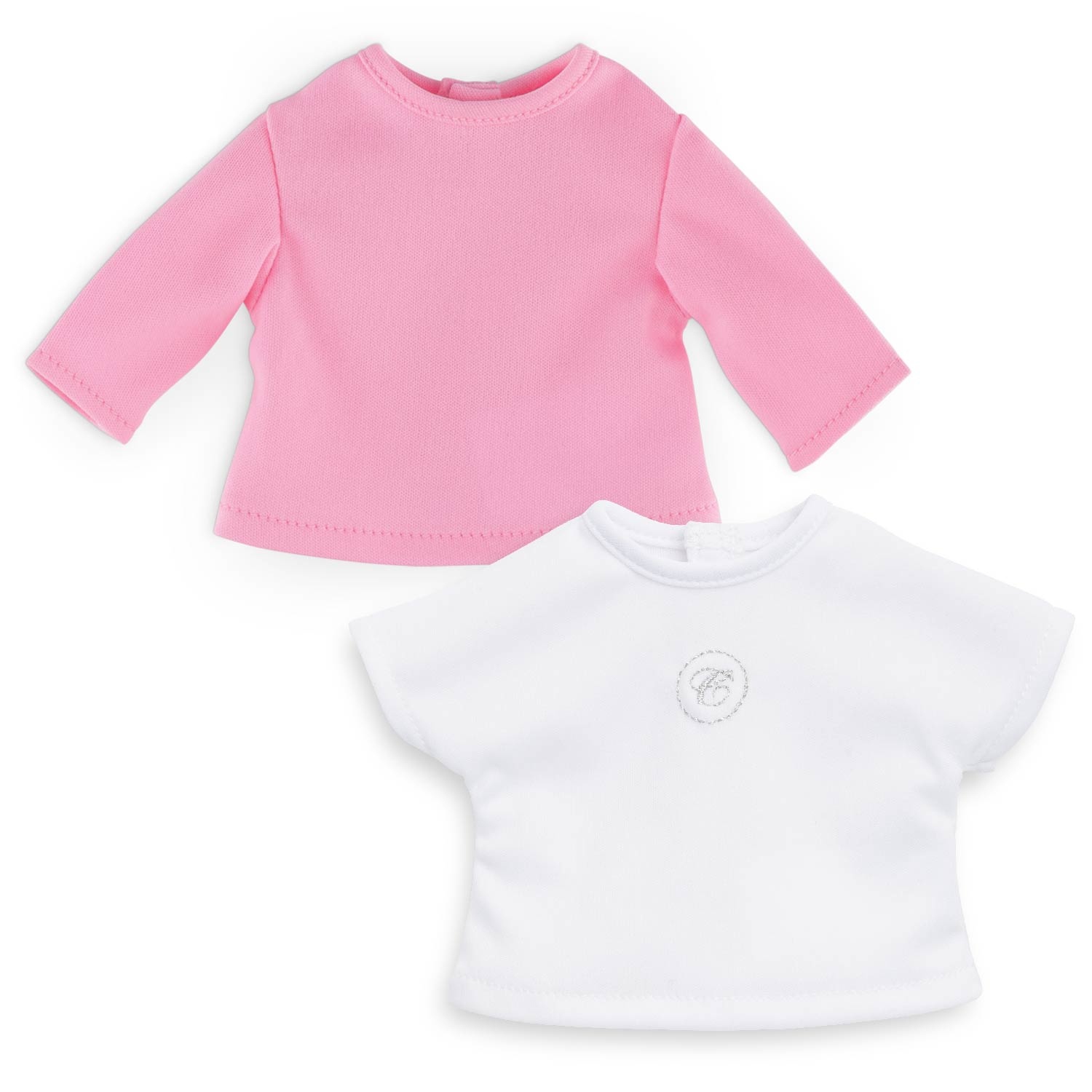 Dos camisetas para muñeca, una rosa, una blanca con logo.