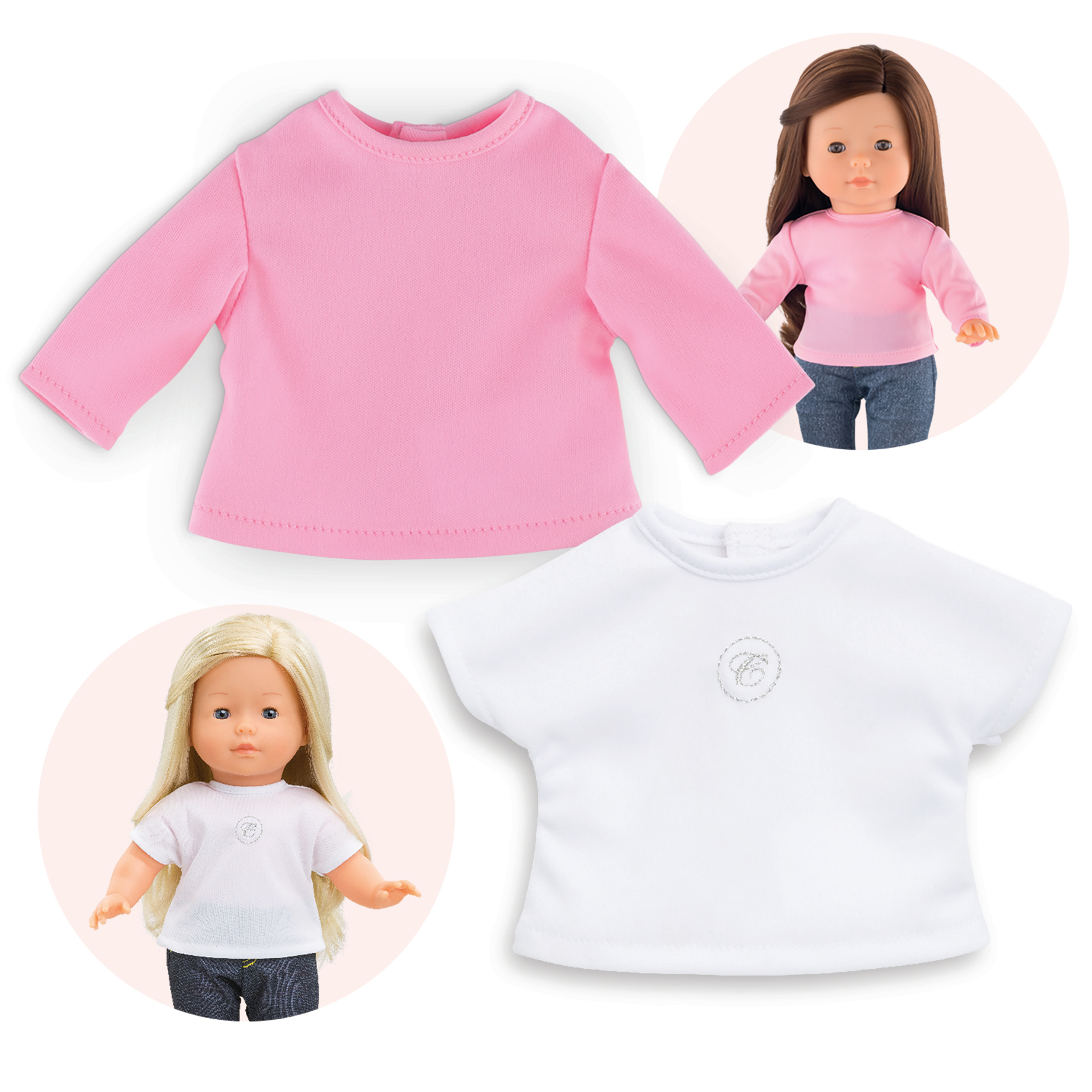 Tres muñecas y camisetas. Dos muñecas, una camisa rosa, una camisa blanca. Una muñeca con vaqueros azules.