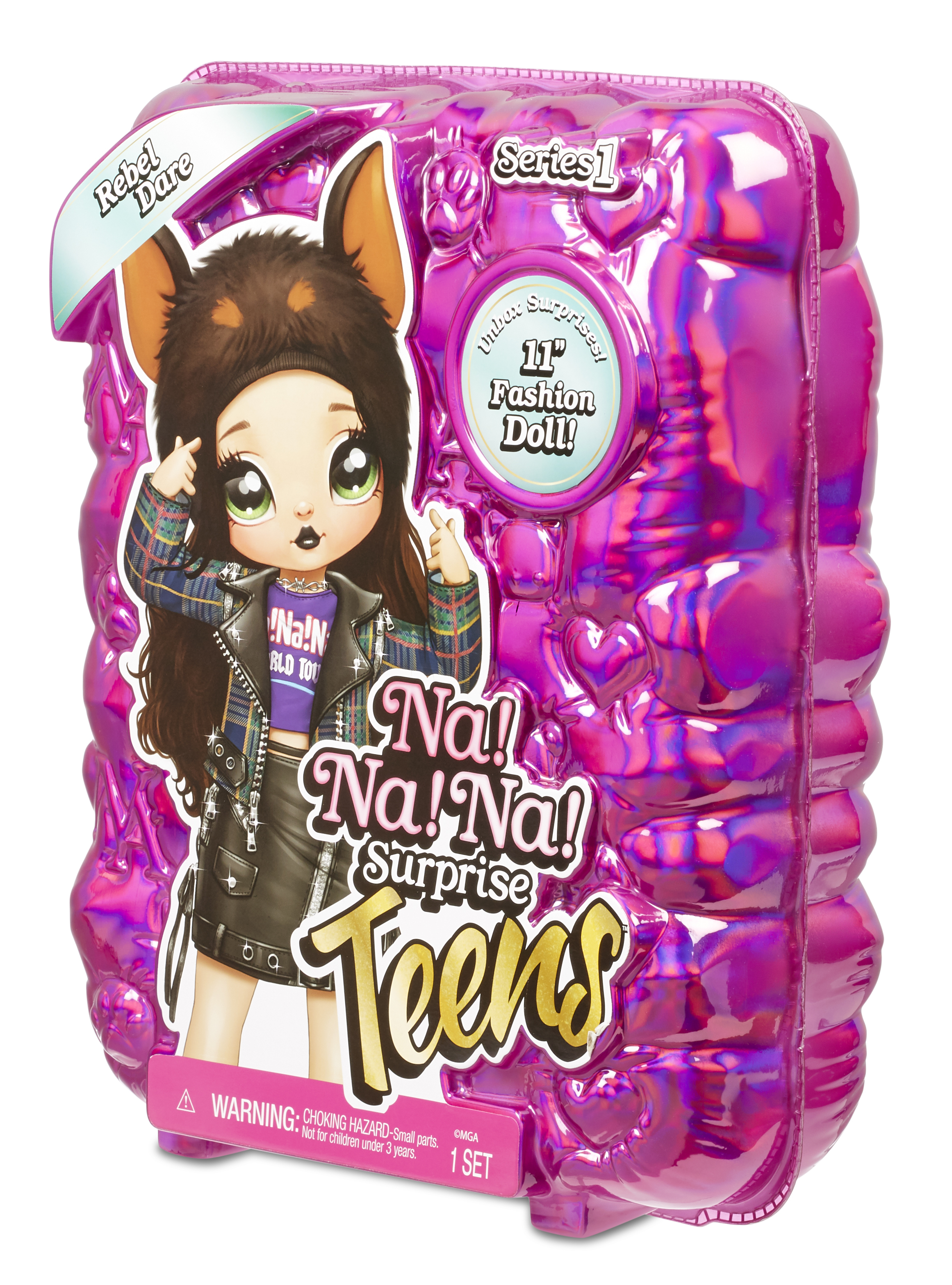 Opakowanie lalki Na! Na! Na! Surprise Teens, z lalką z psimi uszami i kurtką. Różowe opakowanie.