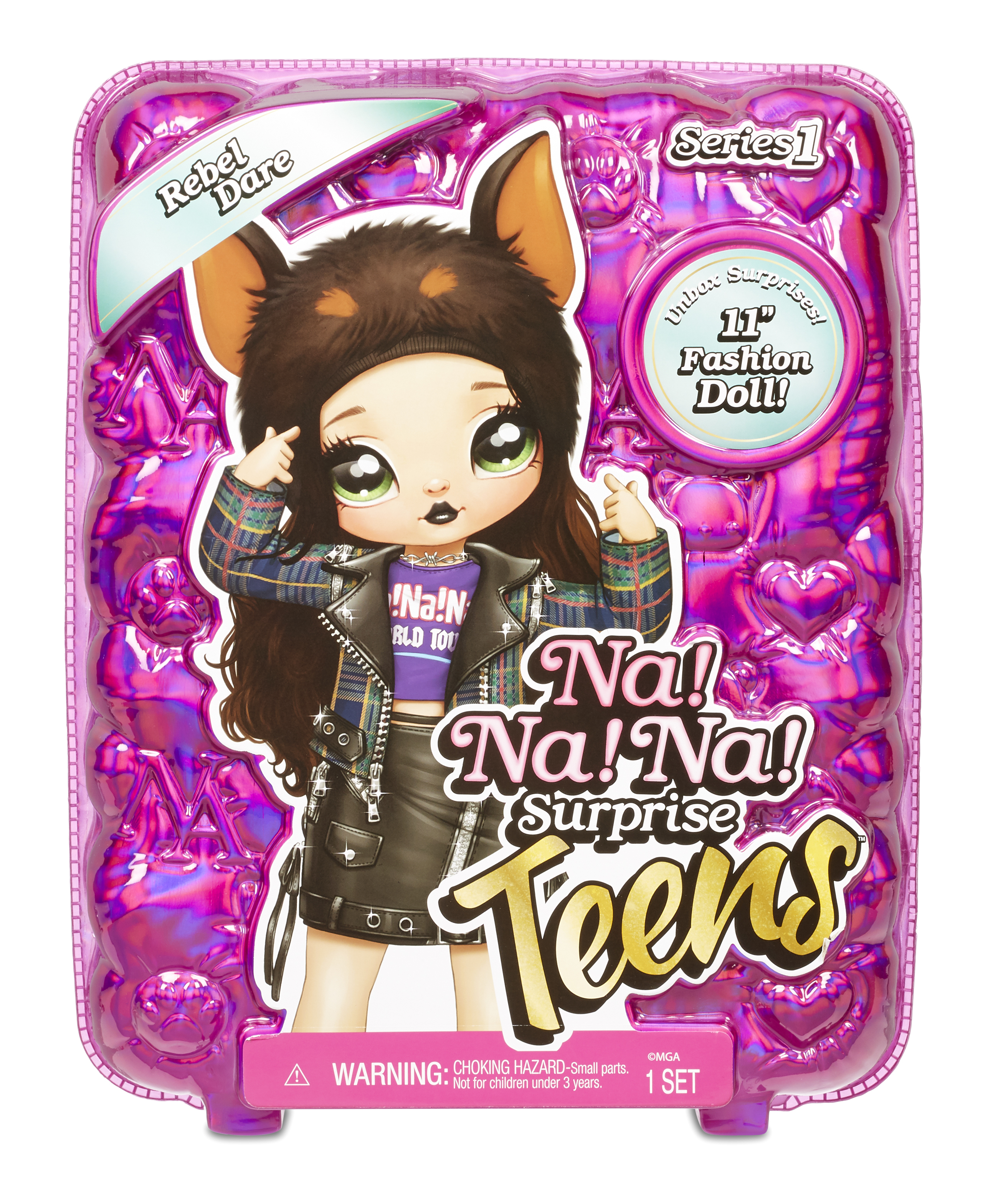 Lalka Na! Na! Na! Surprise Teens w opakowaniu. Pokazuje lalkę z czapką w kształcie psa i strojem w stylu punk.