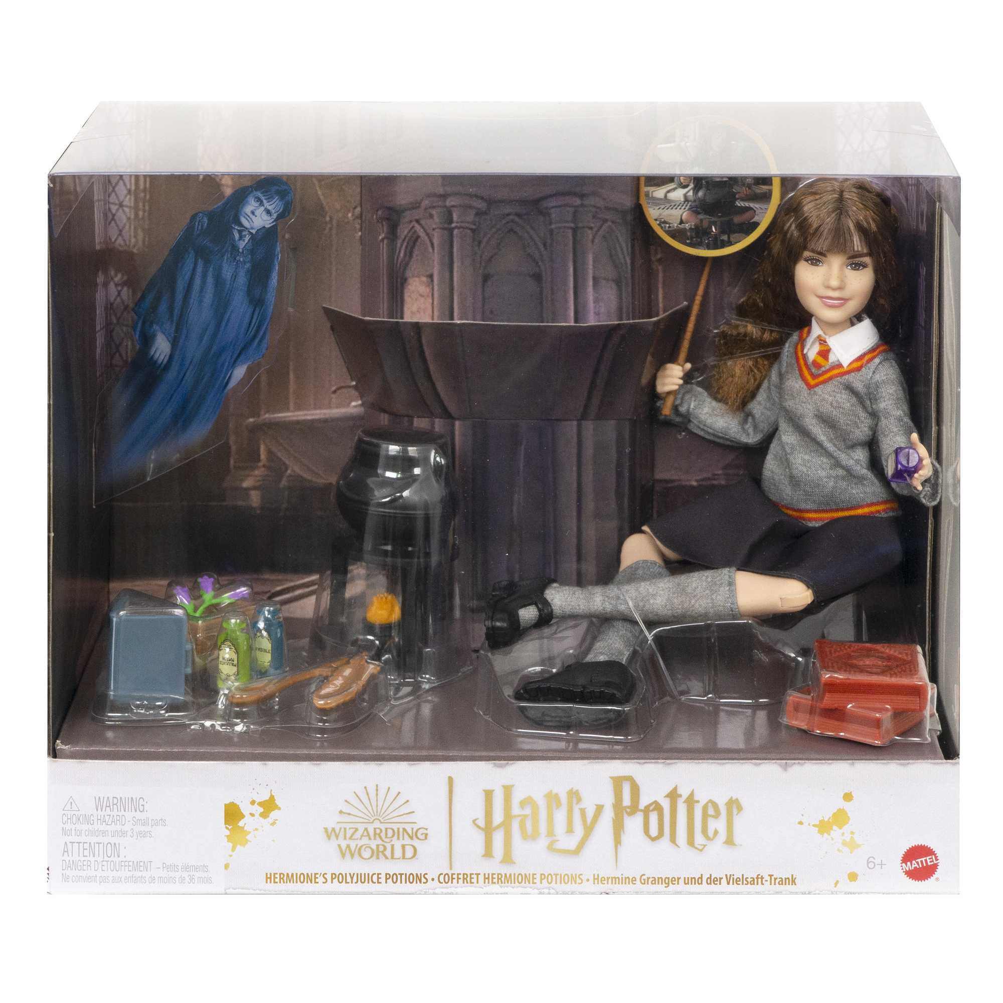Harry Potter Puppen-Set in einer Vitrine. Enthält einen Trank und einen Geist. Weißer Hintergrund.