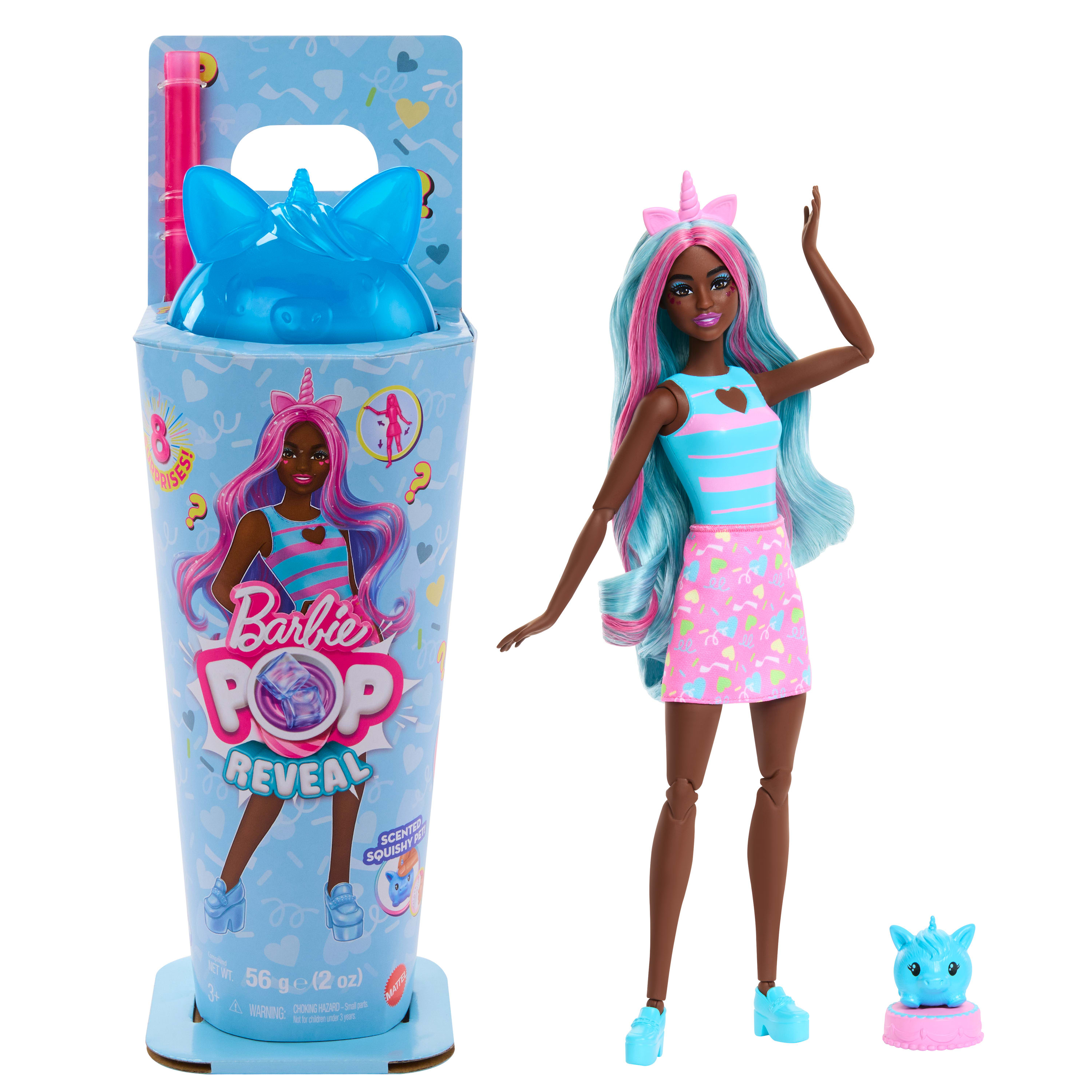 Zestaw Barbie Pop Reveal z lalką i pojemnikiem. Lalka ma niebieskie i różowe włosy, nosi spódnicę.